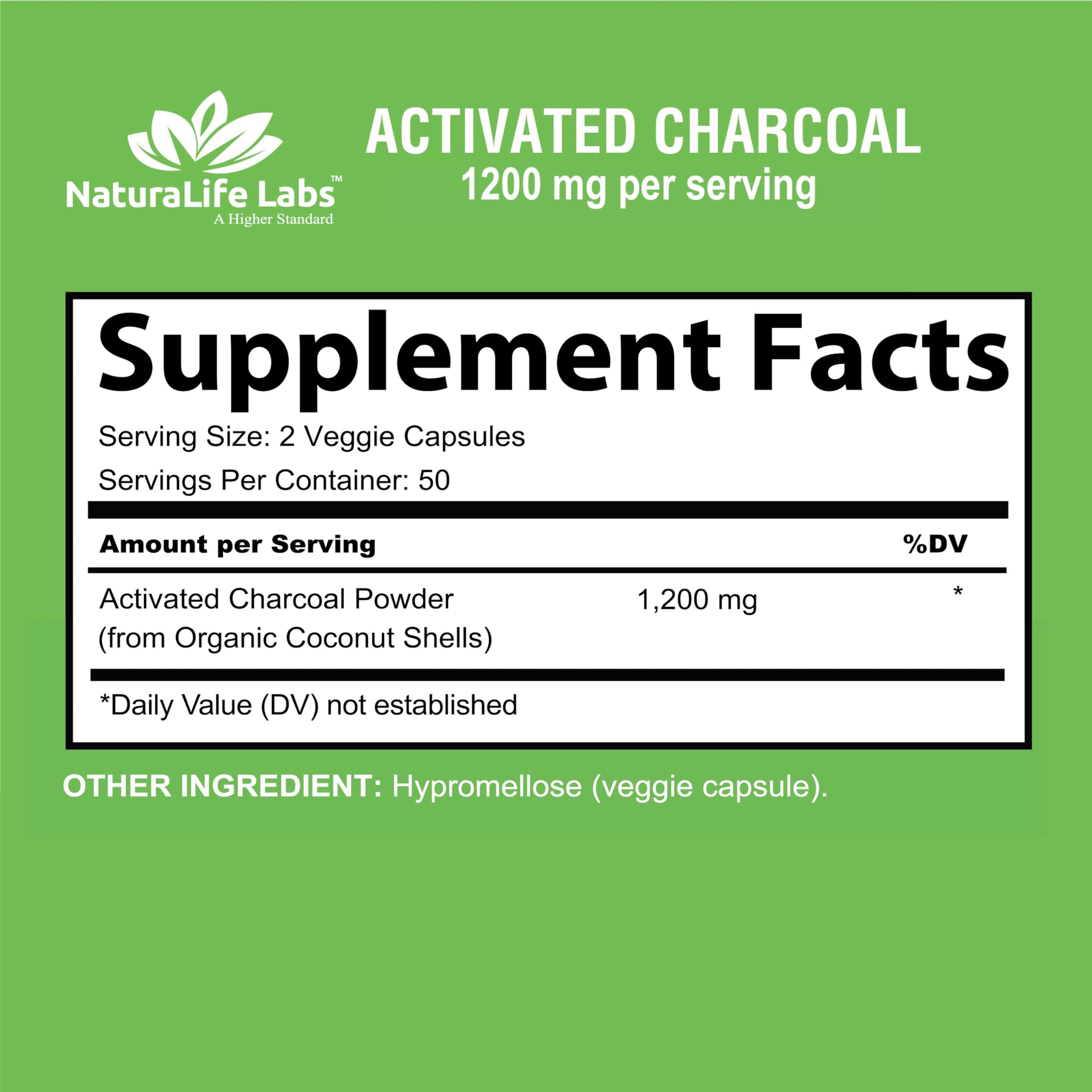 NaturaLife Labs Activated Charcoal 1,200 mg – Highly Absorbent – Supports Relief of Occasional Gas & Bloating – from Coconut Shells – 100 Veg Capsules