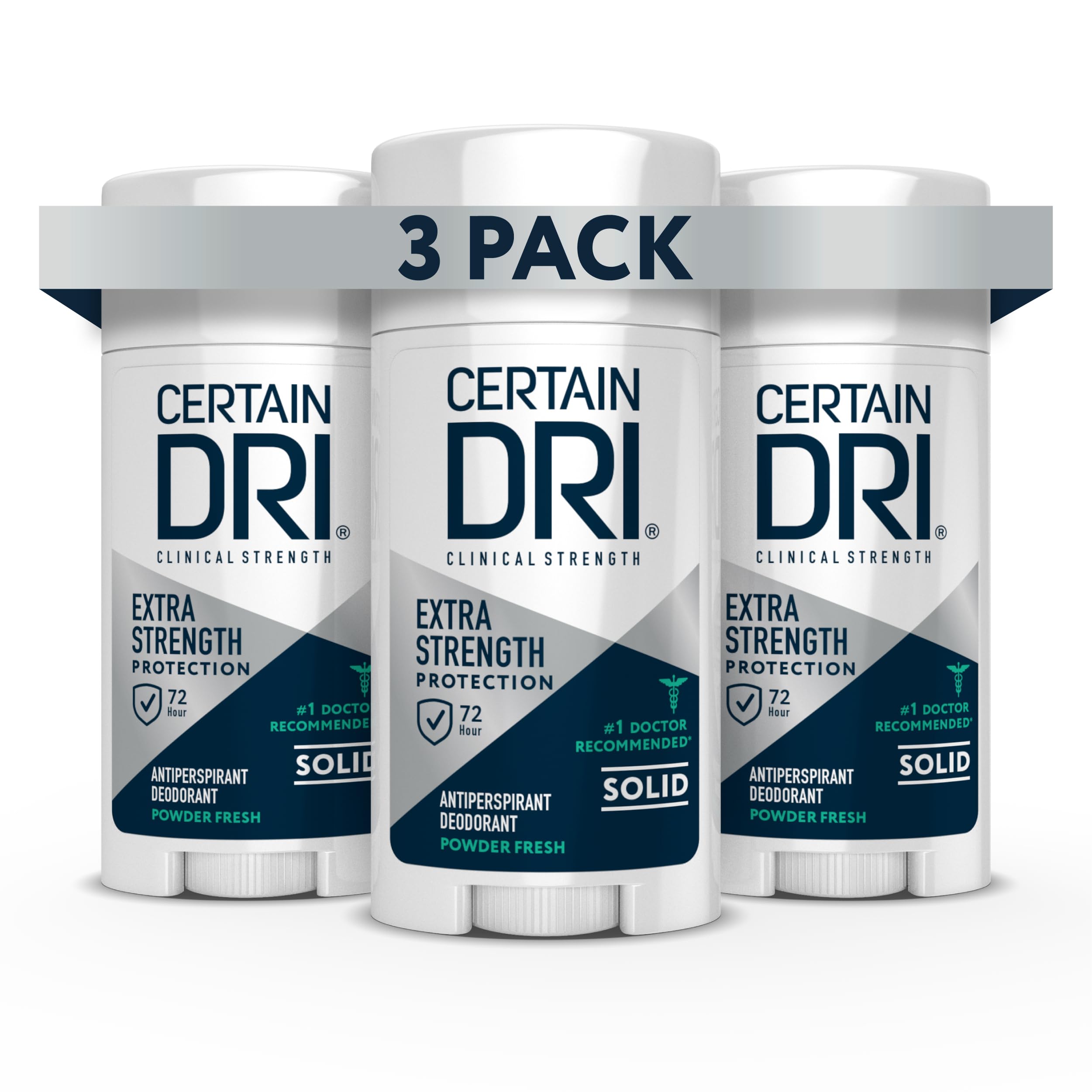 Certain Dri Extra Strength Clinical Solid Antiperspirant, Hyperhidrosis Treatment for Men & Women, Long-Lasting 72hr Protection, Effective Sweat Control, Travel Friendly, Powder Fresh Scent, 1.7oz