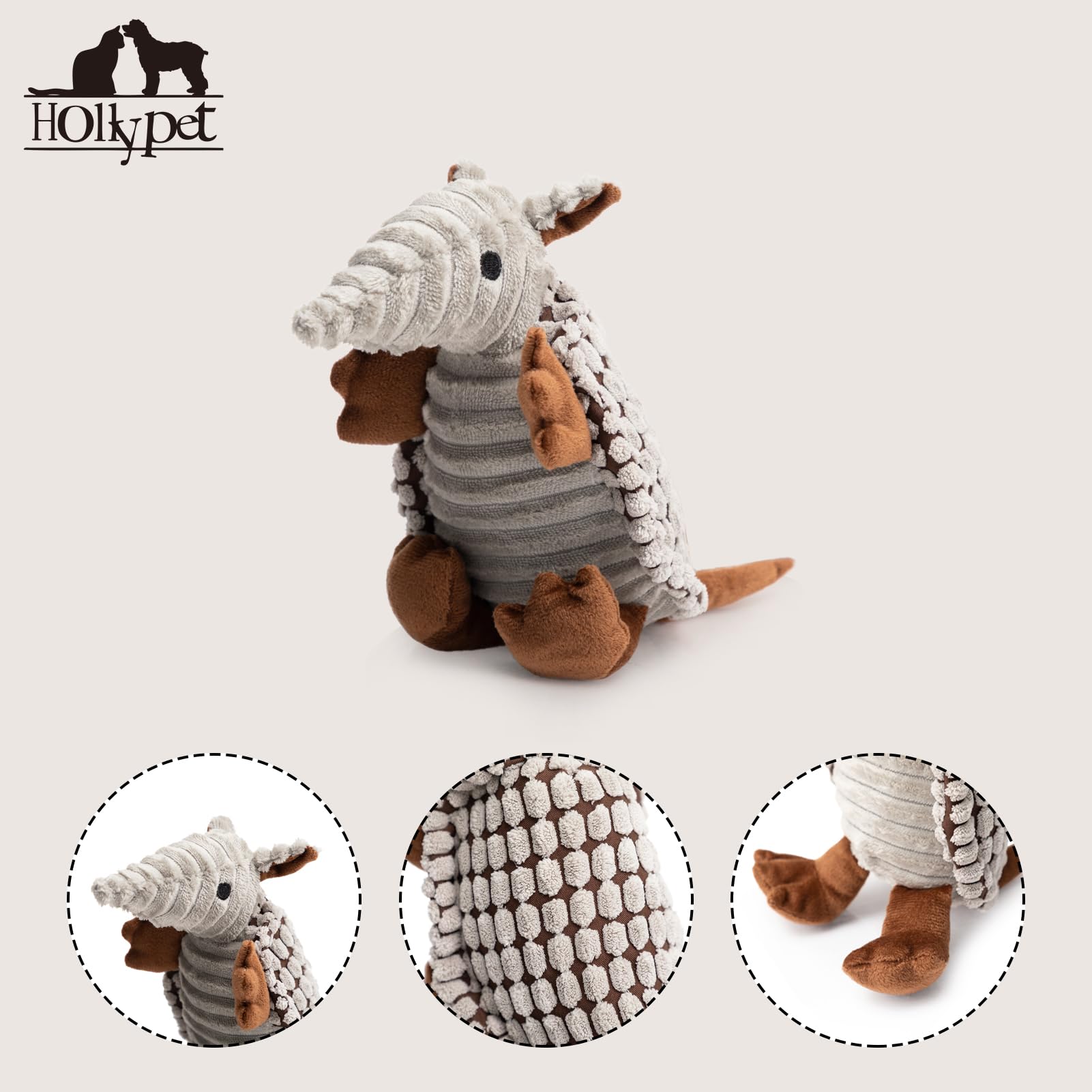 Hollypet Dog Toys, Plush Dog Toys, Squeaky Dog Toys, Stuffed Toys for Small Medium Large All Breed Sizes Dogs, Big Armadillo Animals Toy, Puppy Chew Toy with Clean Teeth, Gray