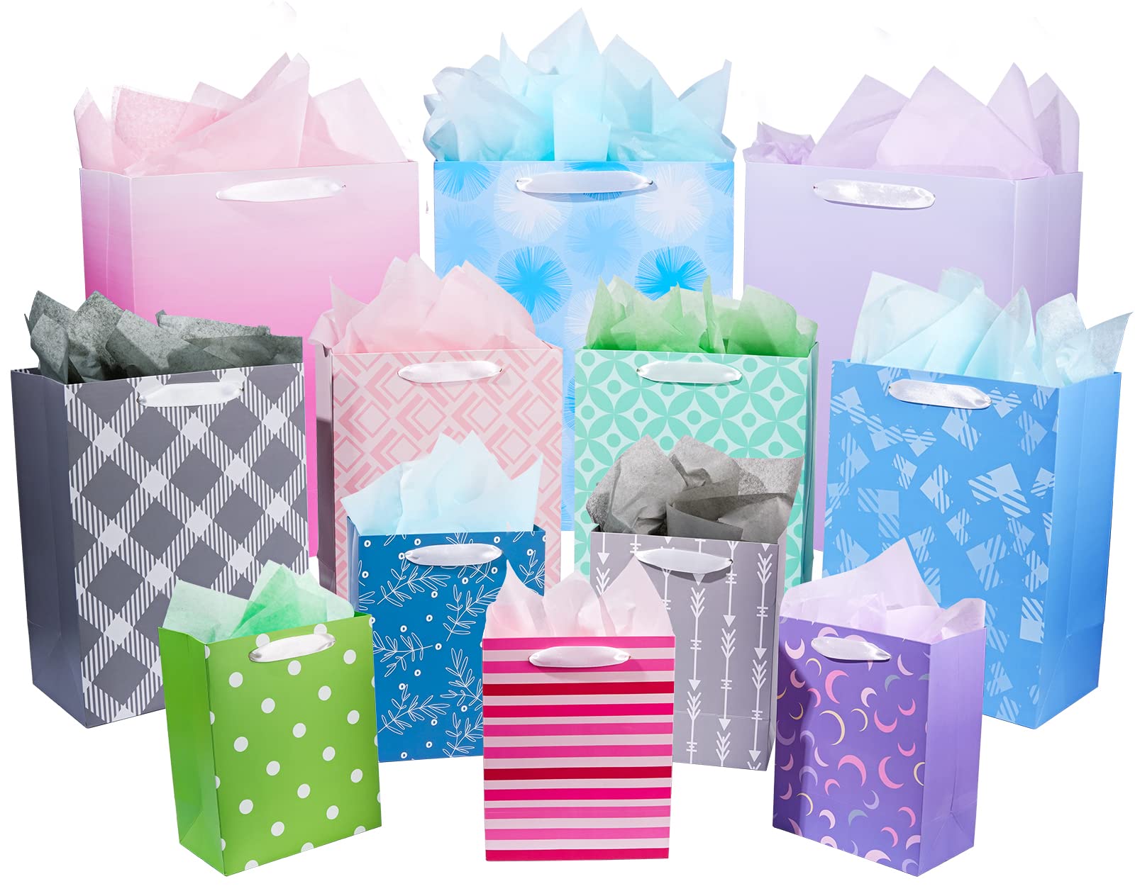 12 Pack Gift Bags Assorted Sizes and Designs, Gift Bags Bulk with Tissue Paper (5 Medium 8", 4 Large 11", 3 Extra Large 14") for Birthday, Baby Showers, Bridal Showers, Easter Day Any Occasion