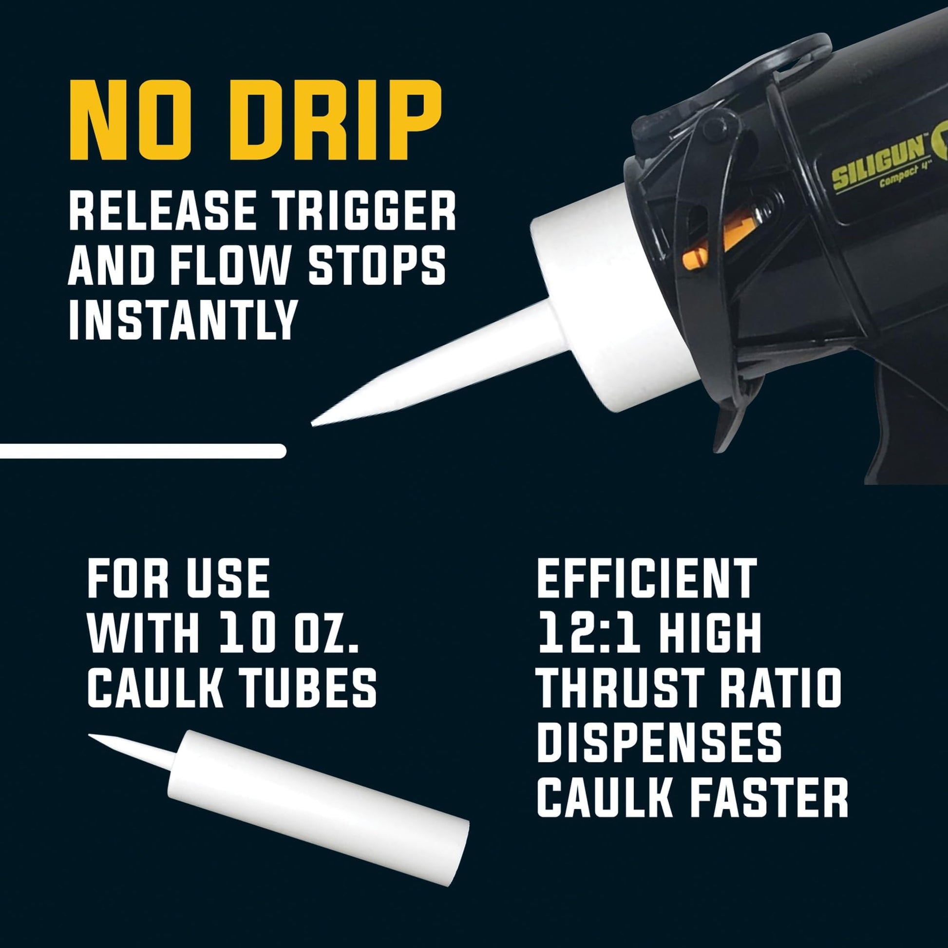 SILIGUN™ Gen-3 Compact Caulking Gun - No Drip Caulk Gun - Patented Design - Lightweight ABS Frame - Works with All 10 oz Tubes