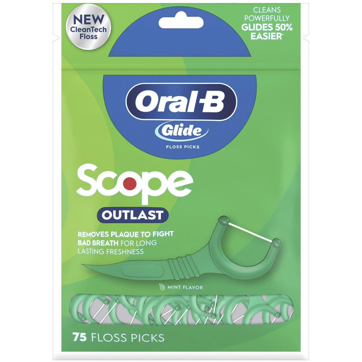 أعواد خيط تنظيف الأسنان الكاملة Glide من Oral-B، أعواد تنظيف الأسنان، Scope Outlast، 75 قطعة، أعواد أسنان مع خيط تنظيف