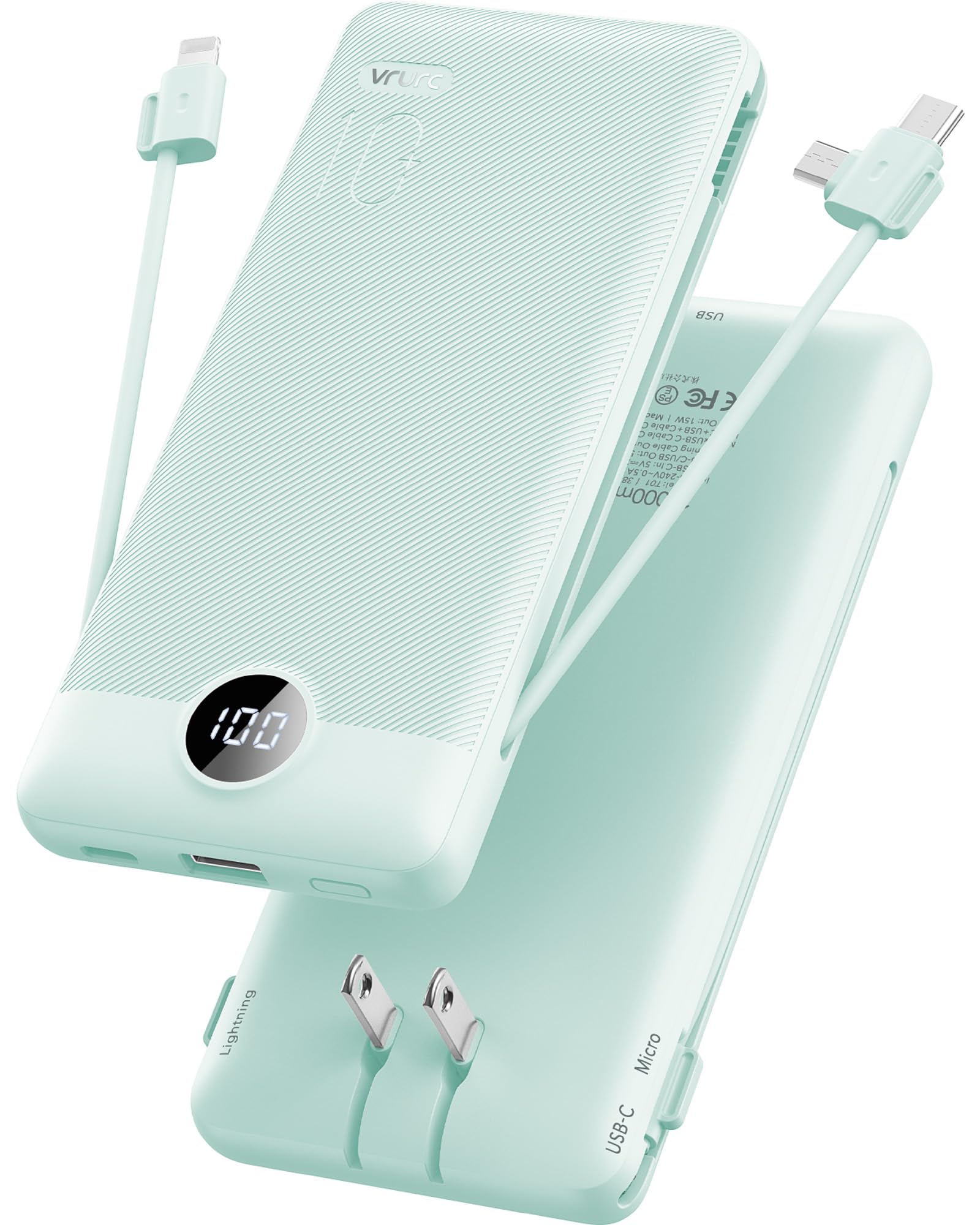 VRURC Portable Charger Built-in Cables and AC Wall Plug, USB C Power Bank 10000mAh, [2023 Upgraded Version] Phone Charger Compact Lightweight External Battery Pack for Smart Phones, Tablets etc-Red