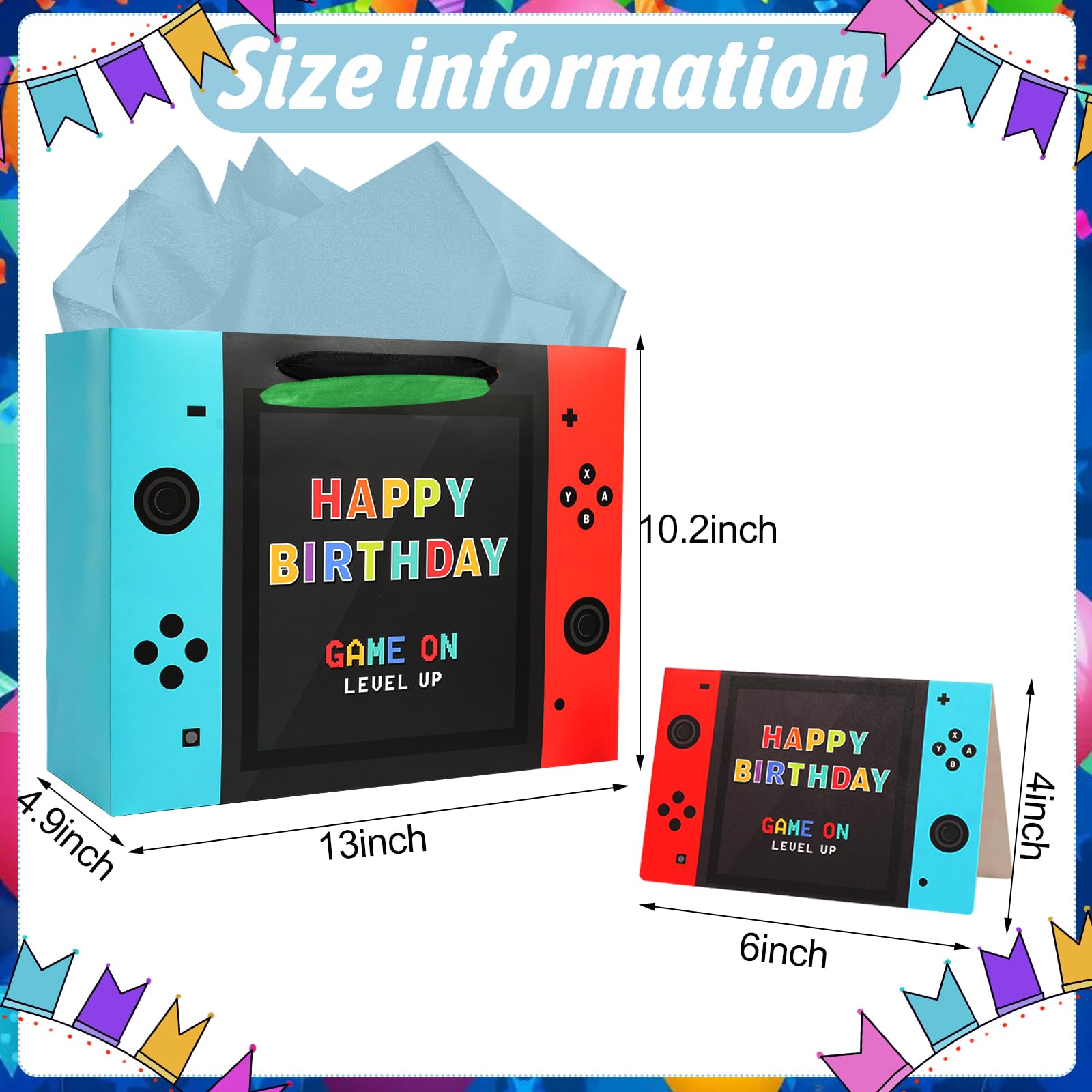 JOARHONAL Video Game Birthday Gift Bag - 13" Large Happy Birthday Gift Bag with Tissue Paper and Card for Boys Kids Video Game Birthday Party Supplies