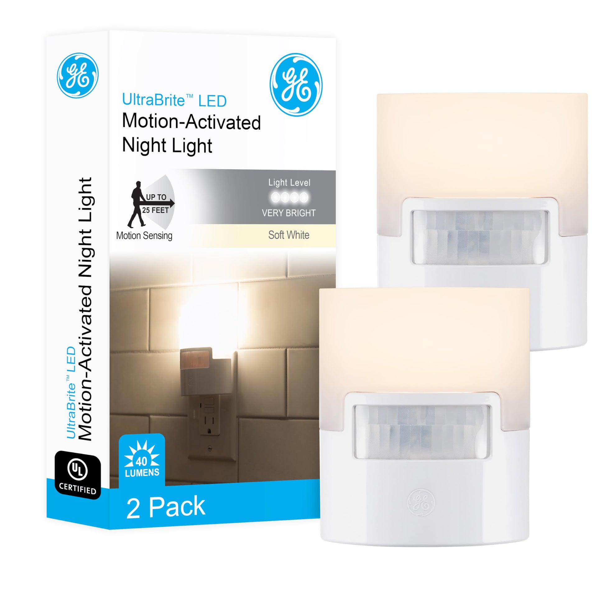GE LED Motion Sensor Night Light, Plug into wall, 40 Lumens, Soft White, UL-Certified, Energy Efficient, Ideal Nightlight for Bedroom, Bathroom, Kitchen, Hallway, 46632, White, 2 Pack