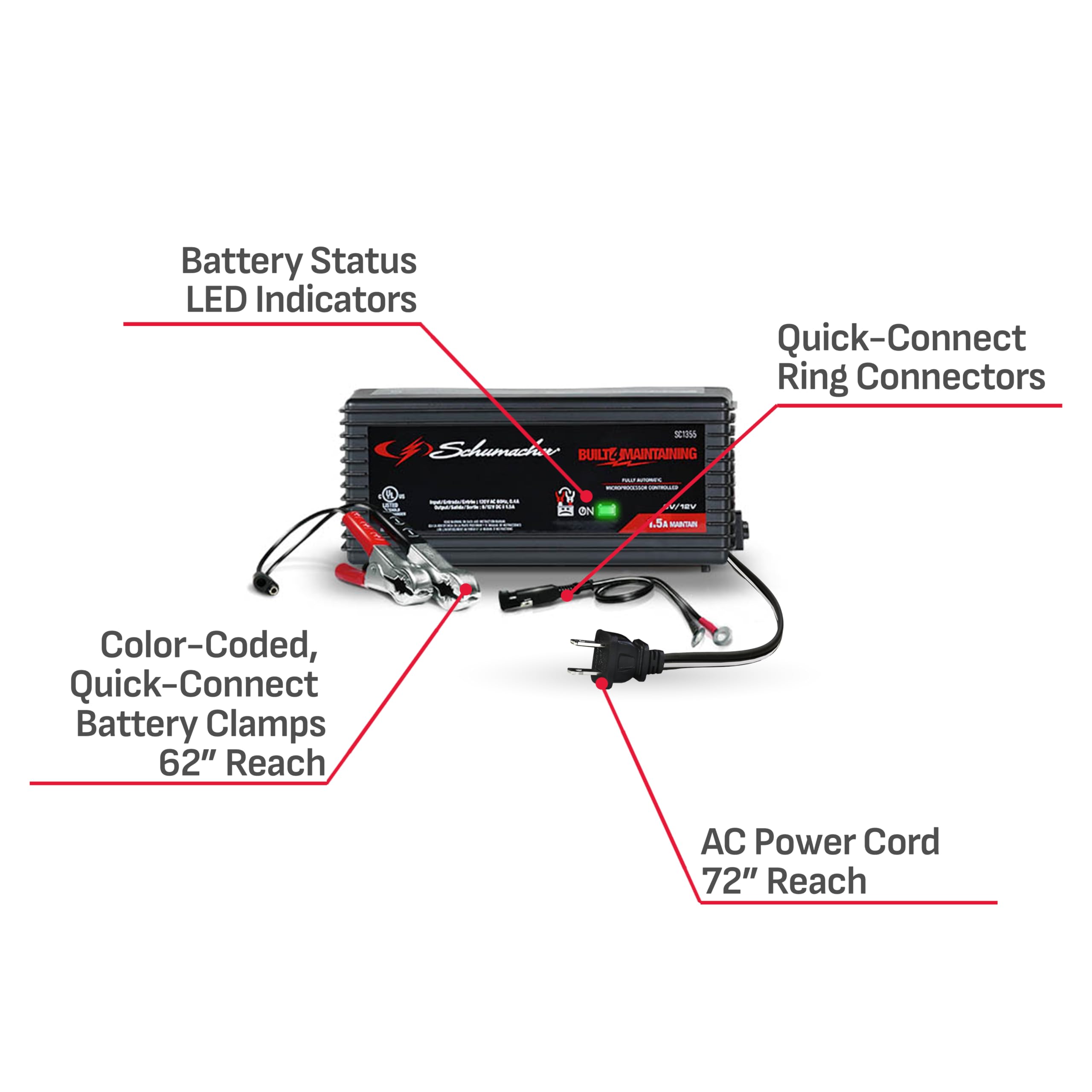 Schumacher Electric Battery Charger and Maintainer, SC1355, 3-in-1, Fully Automatic, 1.5 Amps, 6 Volt and 12 Volt, for Motorcycle, Power Sport, Car, and Marine Batteries