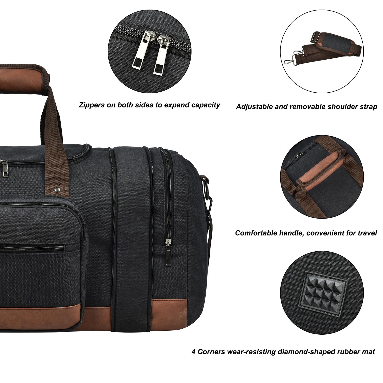 Litvyak Duffle Bag for Travel, 50L Canvas Travel Duffel Bags Overnight Weekend Gym Carry On Luggage Bag for Men & Women(Black)
