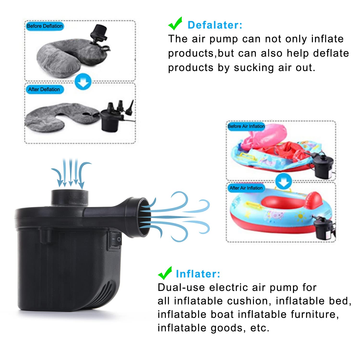 Newpol Inflatable Bed Pump, Electric Air Pump(100 Gallon/Min) for Air Mattress Beds, Inflatable Swimming Pools, Swimming Ring（AC110-240V/DC12V）