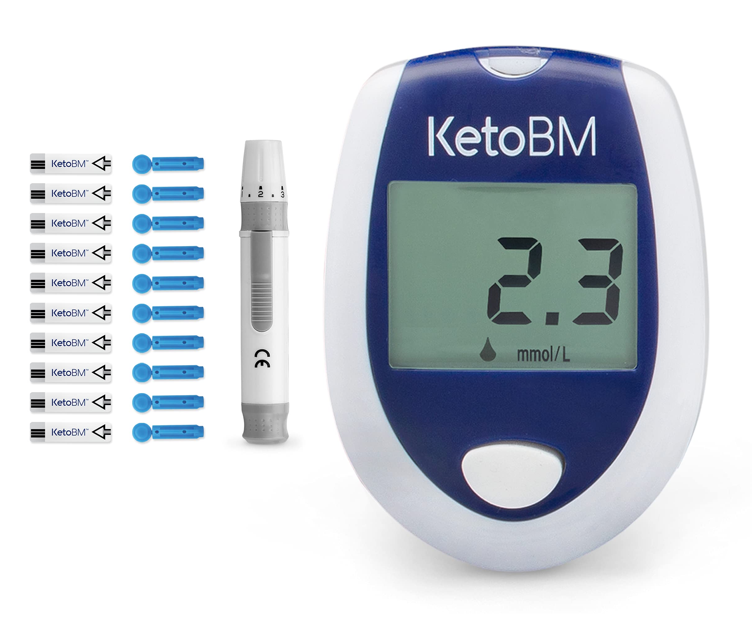 جهاز قياس الكيتون في الدم KetoBM لاختبار حمية الكيتو - طقم اختبار الكيتون المتكامل مع جهاز مراقبة الكيتون وشرائط الكيتو وقلم الوخز والمشارط