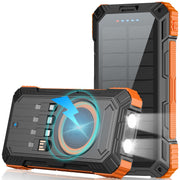 Saraupup Solar Charger Power Bank 49800mAh Wireless Portable Phone Charger, 22.5W QC3.0 Fast Charging Built in 4 Cables with USB C 6 Outputs & 2 Inputs for Cell Phone Orange