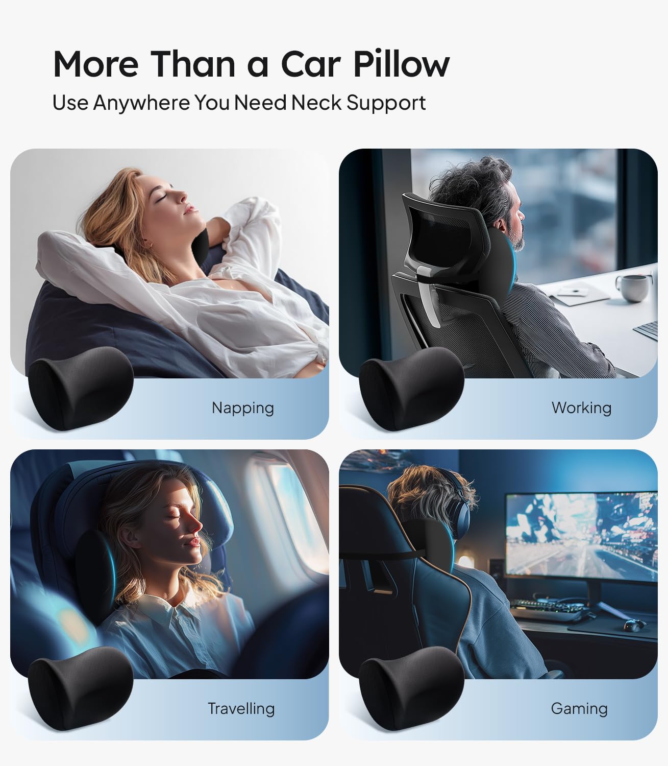 Wigoo 2025 Upgrade Car Neck Pillow [No More Pressure, Odorless] Soft Car Headrest Pillow with Adjustable Strap Removable Cover 100% Memory Foam, Fits All Vehicles (Black 2-Pack)