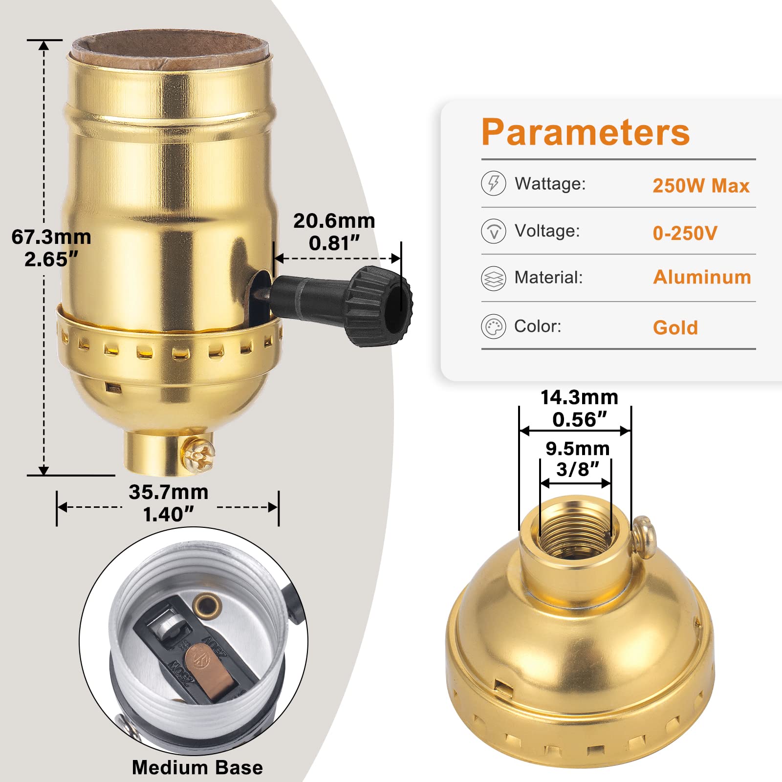 DiCUNO UL Listed 3-Way Lamp Socket Replacement, E26 Standard Threaded Base Light Socket, Turn Switch Knob for Low-Medium-High Light Settings, DIY Project, Table, Floor Lamp Repair Kit, 1-Pack, (Gold)