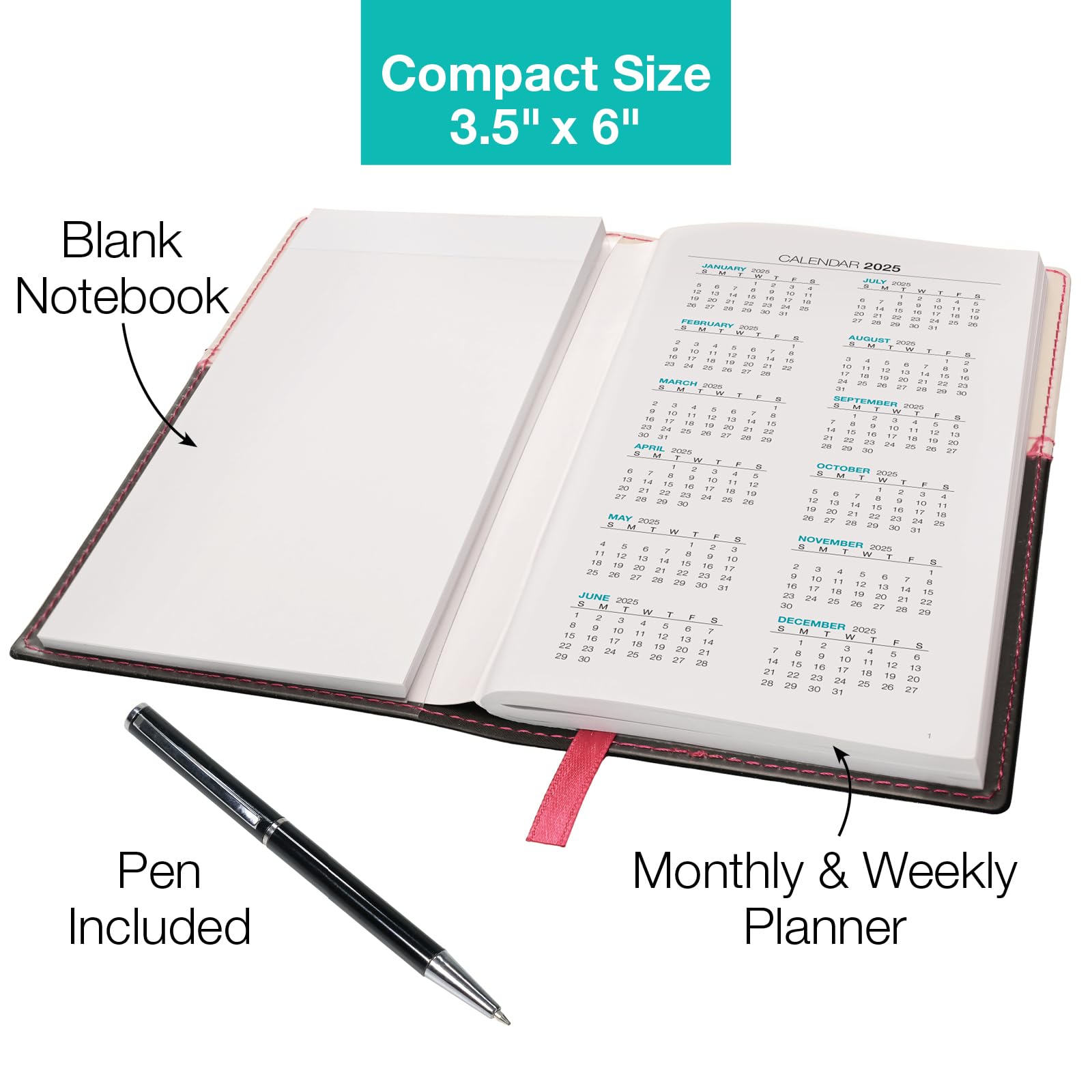 2025 Pocket Planner/Pocket Calendar and Pen, 3.5"x6": Includes 14 Months (November 2024 - December 2025) / 2025 Weekly Planner/Weekly Agenda/Monthly Calendar Organizer (Brown/Black)