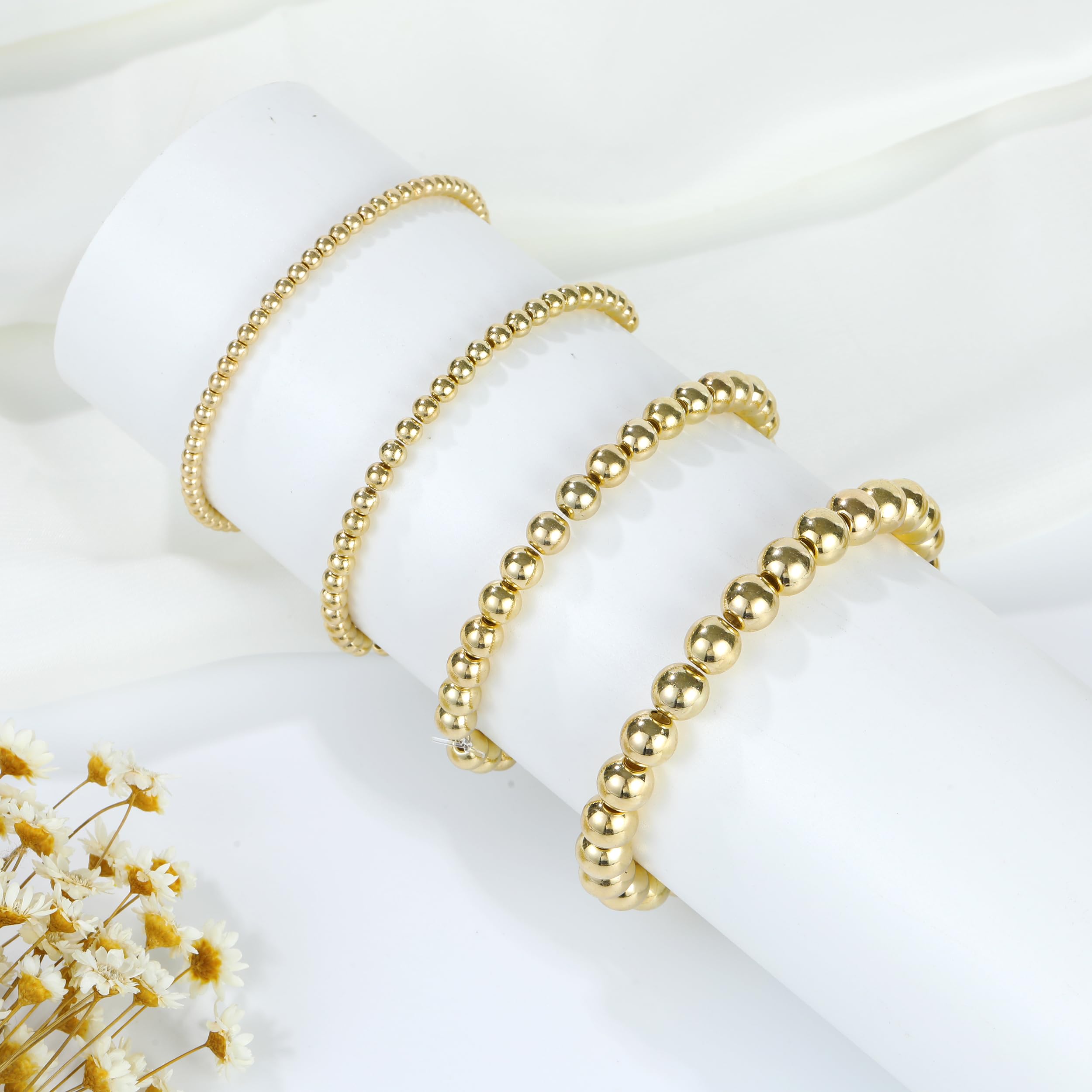 1100 Pcs Gold Beads Smooth Round Beads 3/4/6/8mm Gold Spacer Loose Ball Bead Kits Gold Filled Beads for Bracelet Jewelry Making