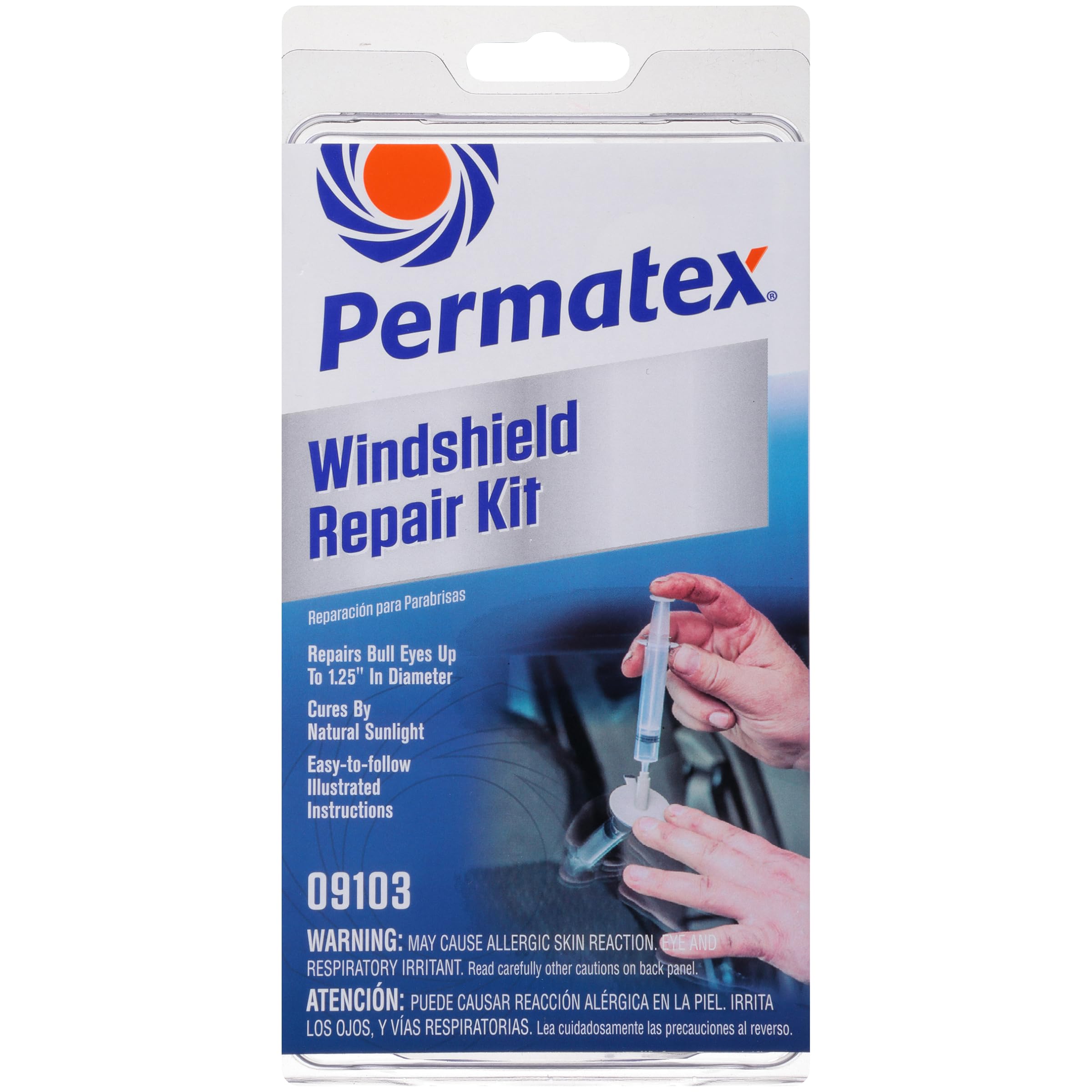 مجموعة أدوات إصلاح زجاج السيارات 09103 من Permatex للزجاج الأمامي المتشقق والمتصدع. إصلاحات دائمة ومحكمة الإغلاق، مع محقنة ومكبس إصلاح، طقم من 9 قطع