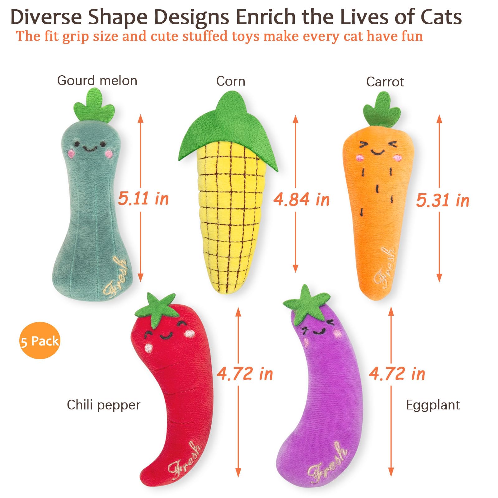 ETEKYER Catnip Cat Toys, Interactive Indoor Cat Nip Toy Kitty Kicker, Durable Kitten Teething Chew Toy, 5 Pack, Vegetable Shape