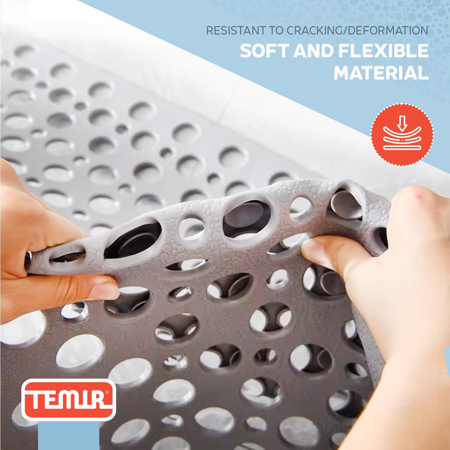 TEMIR Non Slip Bath Mat and Shower Mat with Suction Cups and Drain Holes, 30x17 in (75x43 cm), Soft Machine Washable Non Slip Bathtub mat, Shower Mats for Inside Shower, Easy Dry&Cut (Gray)