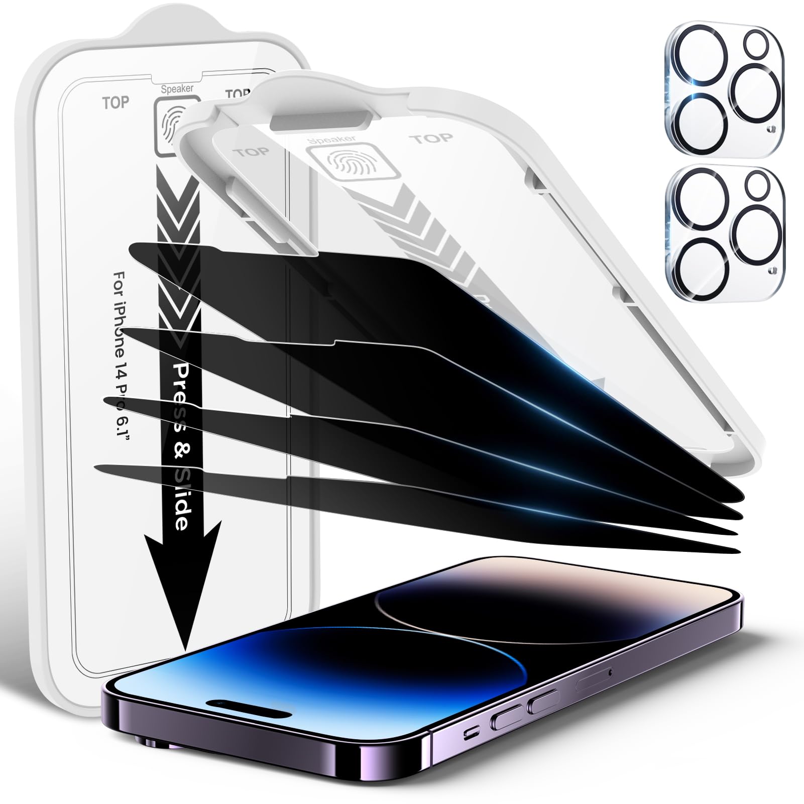 EZ-GLAZ-4 Pack Privacy Screen Protector for iPhone 14 Pro[6.1 inches] With 2 Pack Camera Lens Protector, [Drop Protection] 9H Hardness Scratch Resistant Tempered Glass Film, Easy to install