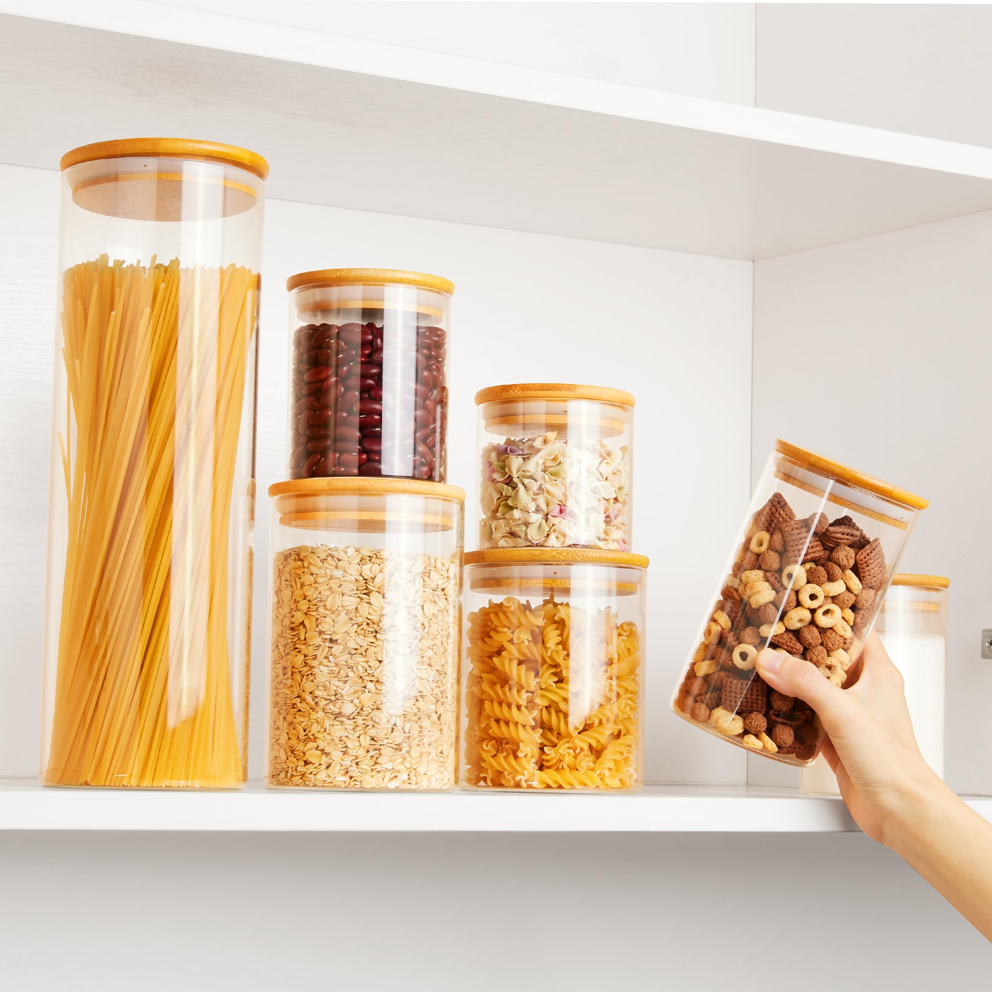 Vtopmart Glass Food Storage Jars, 7 Pack Kitchen Containers with Airtight Bamboo Wooden Lids for Pasta, Cookies, Nuts, Coffee Beans, Cereal, Canisters Set for Flour, Pantry Organization, BPA Free