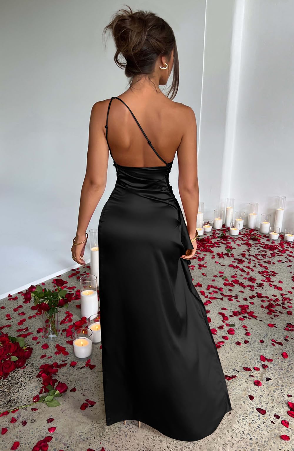 Memoriesea Women's Sexy One Shoulder Satin High Split Cocktail Evening Party Maxi Dress Black