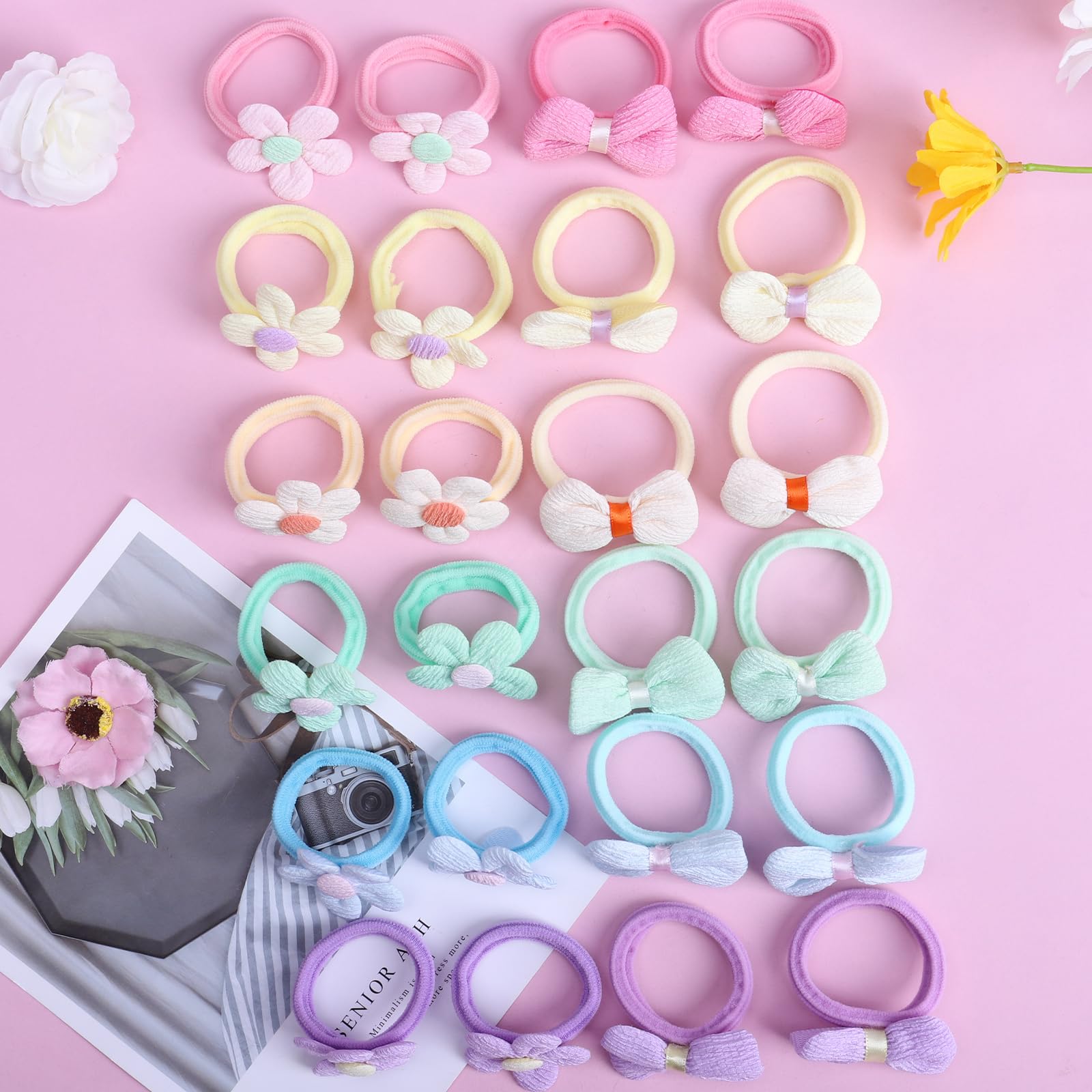 TAANGTHOSE 24 Pcs Toddler Hair Ties for Girls, Baby Hair Tie Cute Flower Elastic Scrunchies, Seamless Ponytail Holders, Little Girls Hair Accessories for Thick Hair, Pink, Purple, Blue