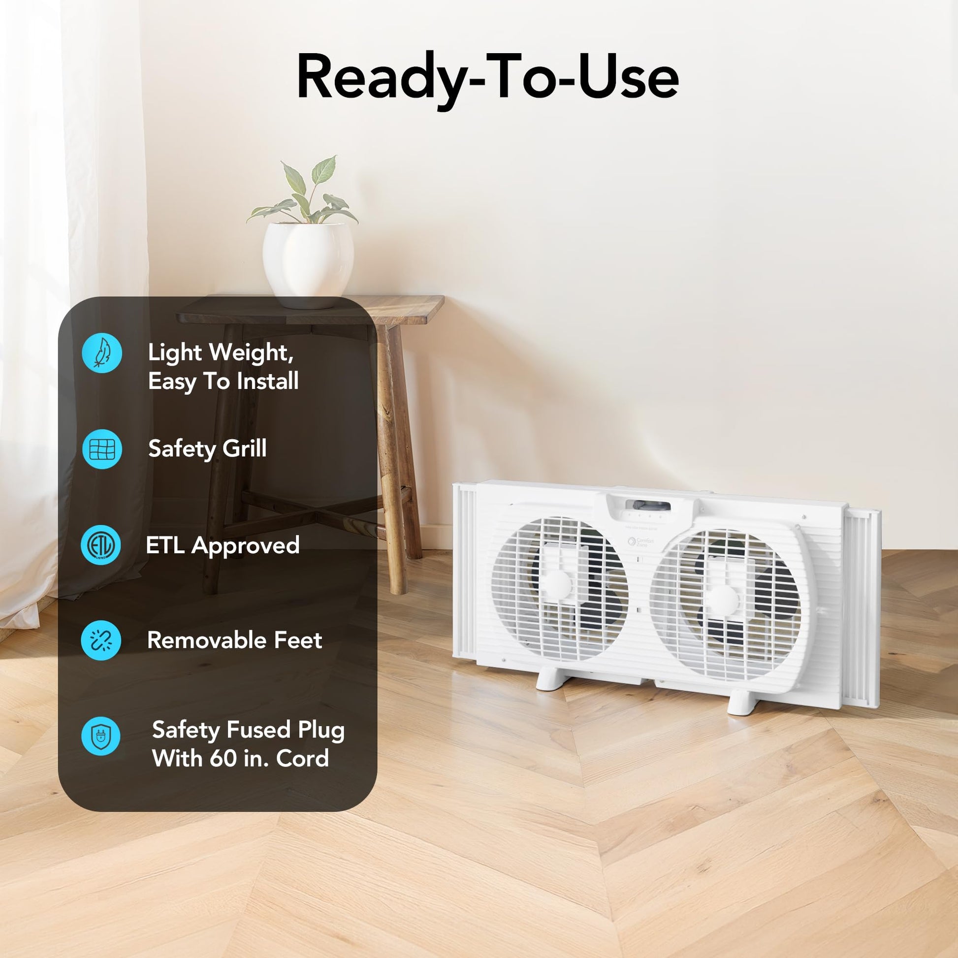 Comfort Zone Window Fan for Bedroom, 9 inch 3 Speed Dual Fans with Auto-Locking Expanders, Window Exhaust Fan, Removeable Bug Screen, White