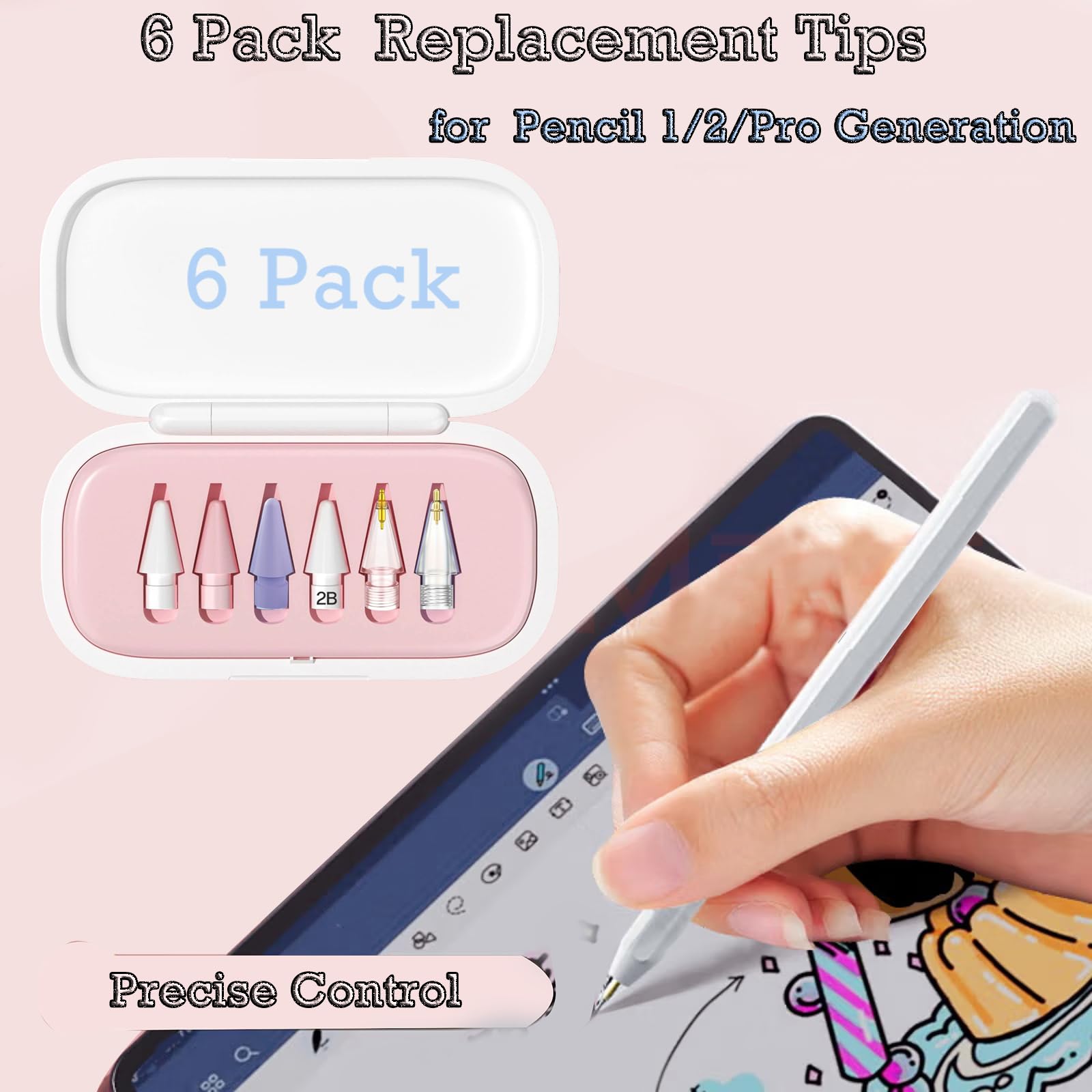 6 Pack Replacement Pencil Tips with Case for Apple iPad 2nd / 1st Generation - Sensitive and Precise Control iPencil Nibs Compatible with iPad for Pencil USB C/ 2nd/ 1st Gen Apple Pen