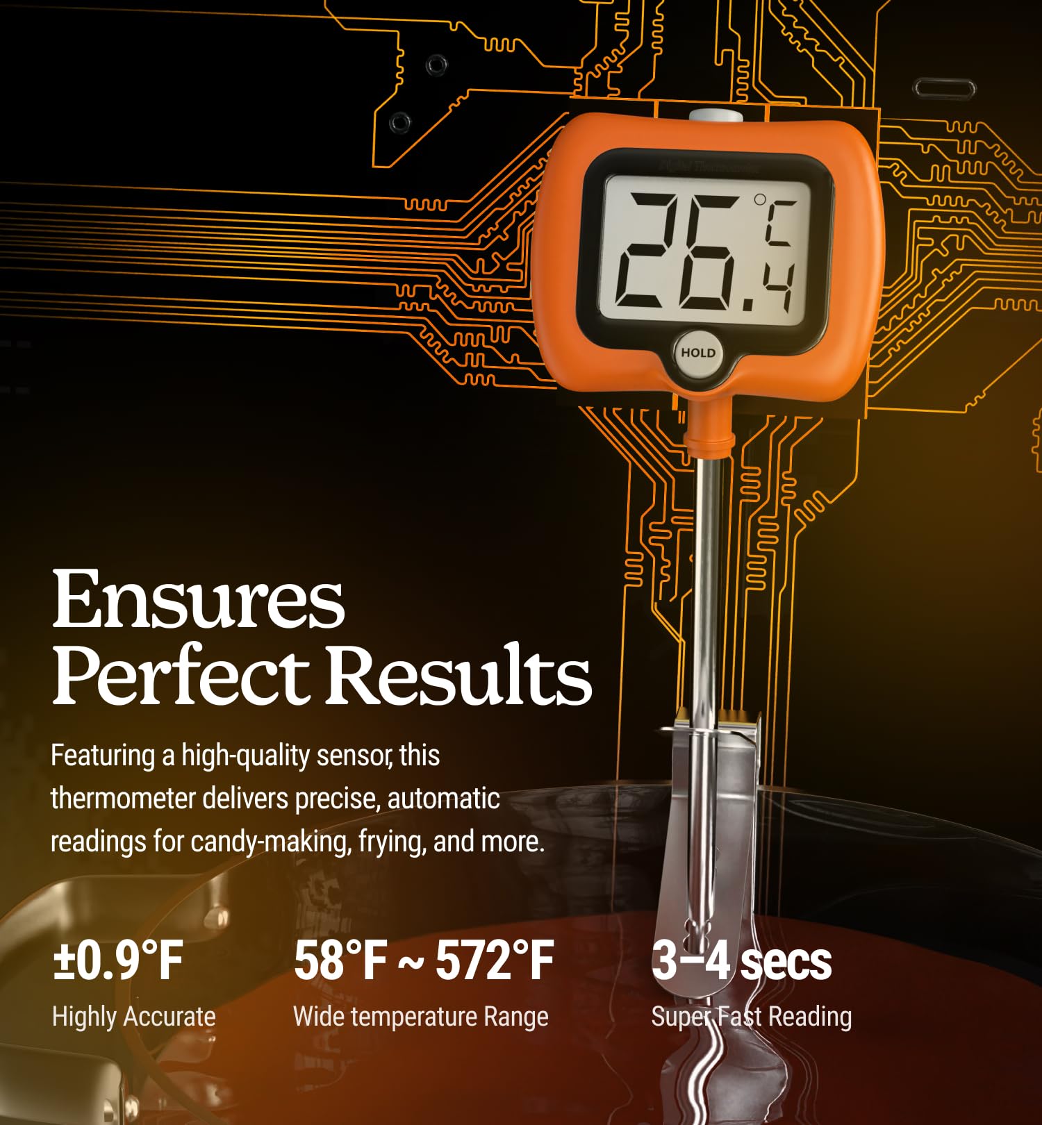 Digital Candy Thermometer with Pot Clip, Instant Read Kitchen Thermometer for Cooking, Baking, and Candy Making – 10" Stainless Steel Probe, LCD Display, Essential Baking Tool