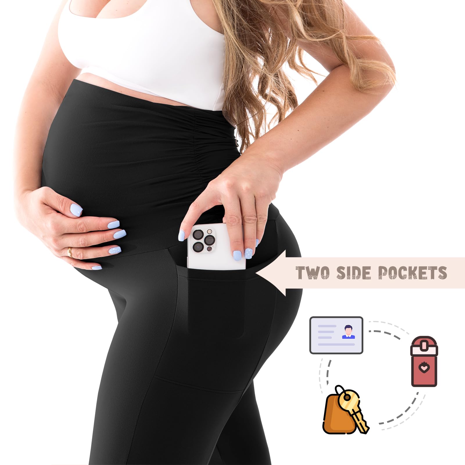 Walifrey Women's Maternity Leggings with Pockets Over The Belly,Pregnancy Yoga Pants Activewear Workout Leggings Black M