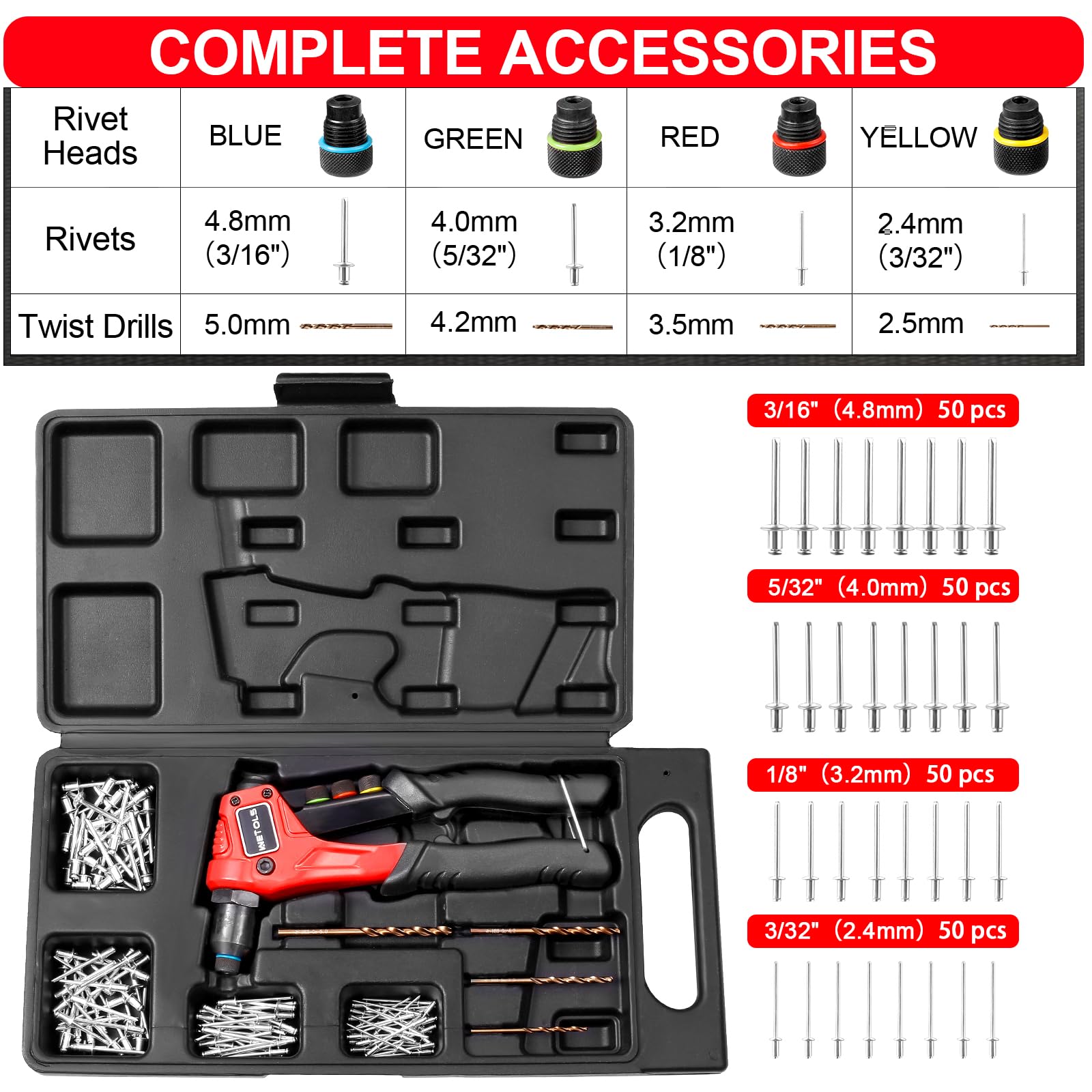 WETOLS Pop Rivet Gun Kit with 200 Blind Rivets, Upgraded Manual Single Hand Riveter with 4 Tool-Free Interchangeable Rivet Heads and 4 Drill Bits, Pop Rivet Tool Kit with Sturdy BMC Carrying Case