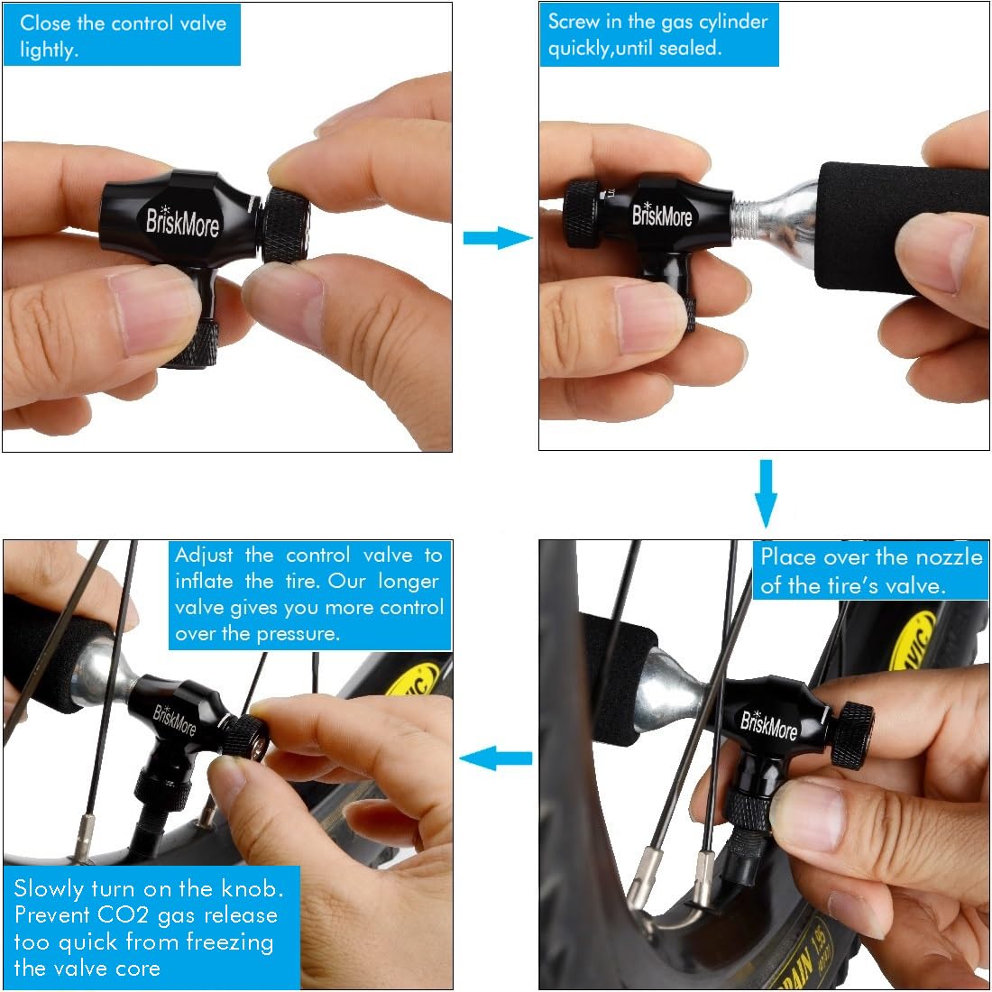 BriskMore Black CO2 Inflator Presta und Schrader Ventil Kompatible Fahrradreifenpumpe für Mountainbikes und Rennräder mit isolierter Hülle – Keine CO2-Kartuschen enthalten, Schnell & Einfach