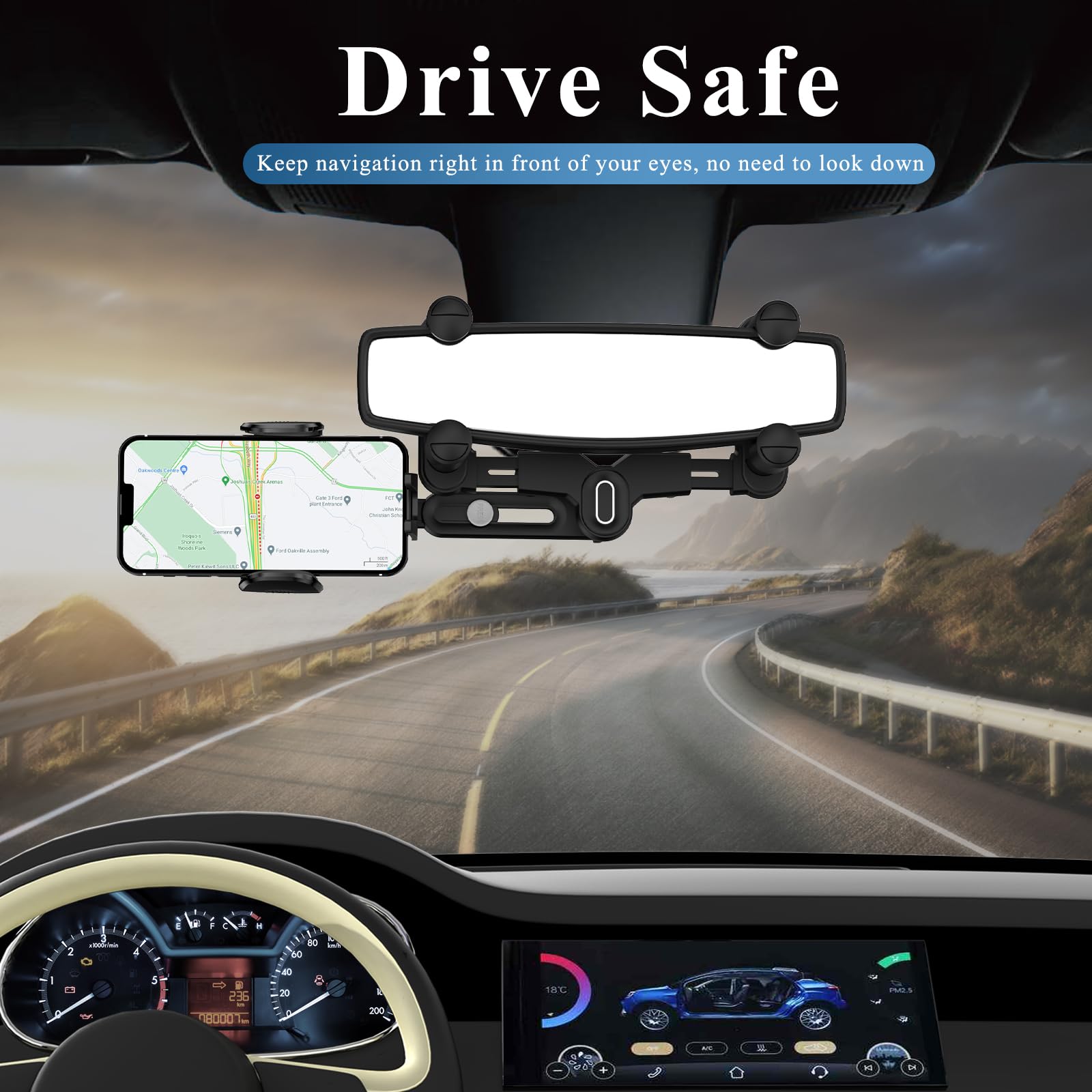 JDHDL Phone Mount for Car, Rear View Mirror Phone Holder, Rotatable and Retractable Phone Holder for Car Compatible with iPhone Samsung All 4-7 Inch Cell Phones