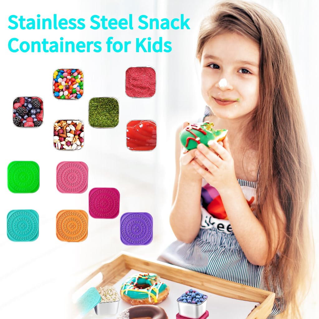 HTEVW 6Pack 6oz Stainless Steel Snack Containers for Kids, Easy Open Leak Proof Metal Toddler Snack Containers with Silicone Lids, Stackable Metal Toddler Lunch Box for Daycare, School and Travel