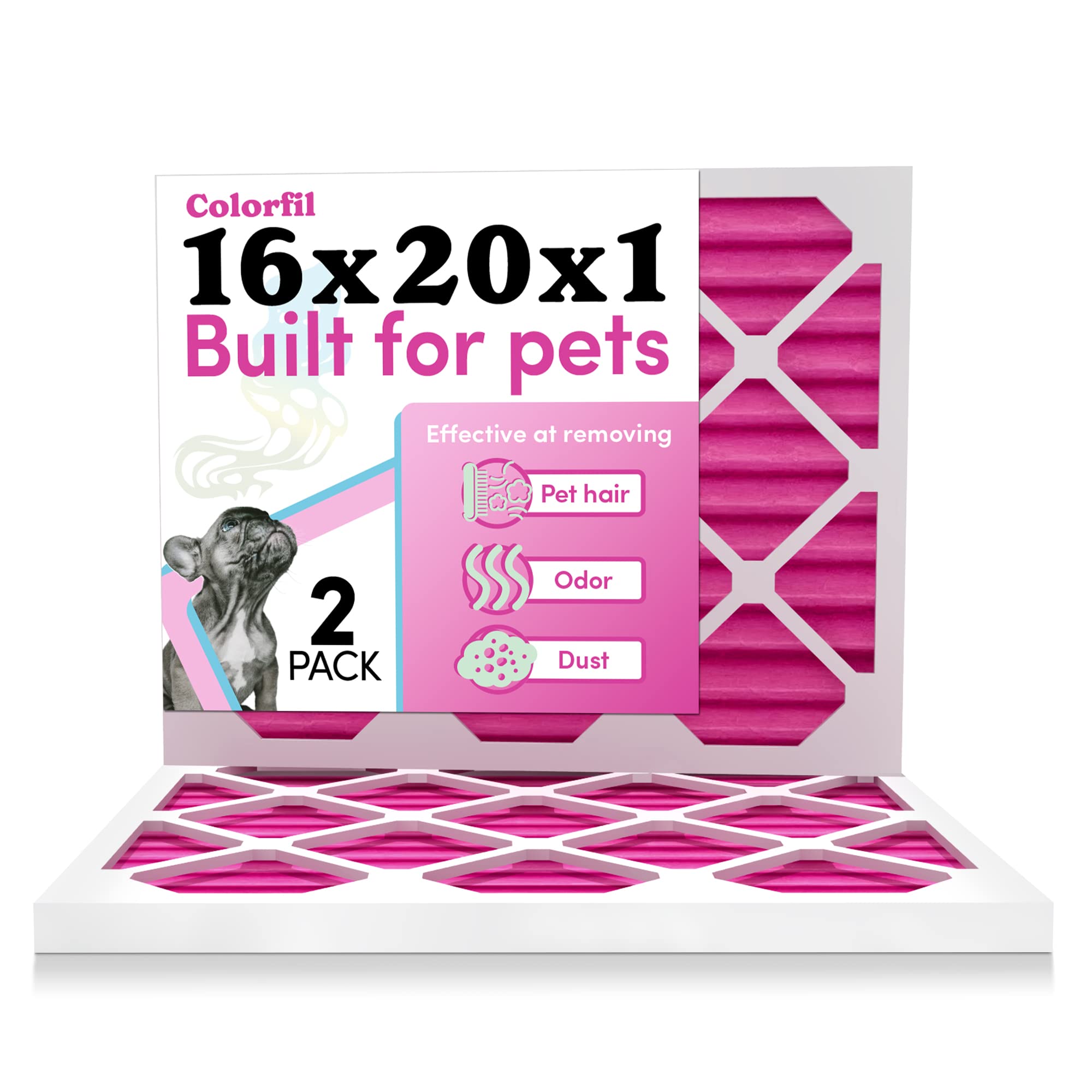 16x20x1 Air Filter by Colorfil | Color Changing Filters for Cat and Dog Odor | MERV 8 Furnace AC Filter for Pet Hair and Dust | 15.5"x19.5"x0.75" Exact Size | Pack of 2