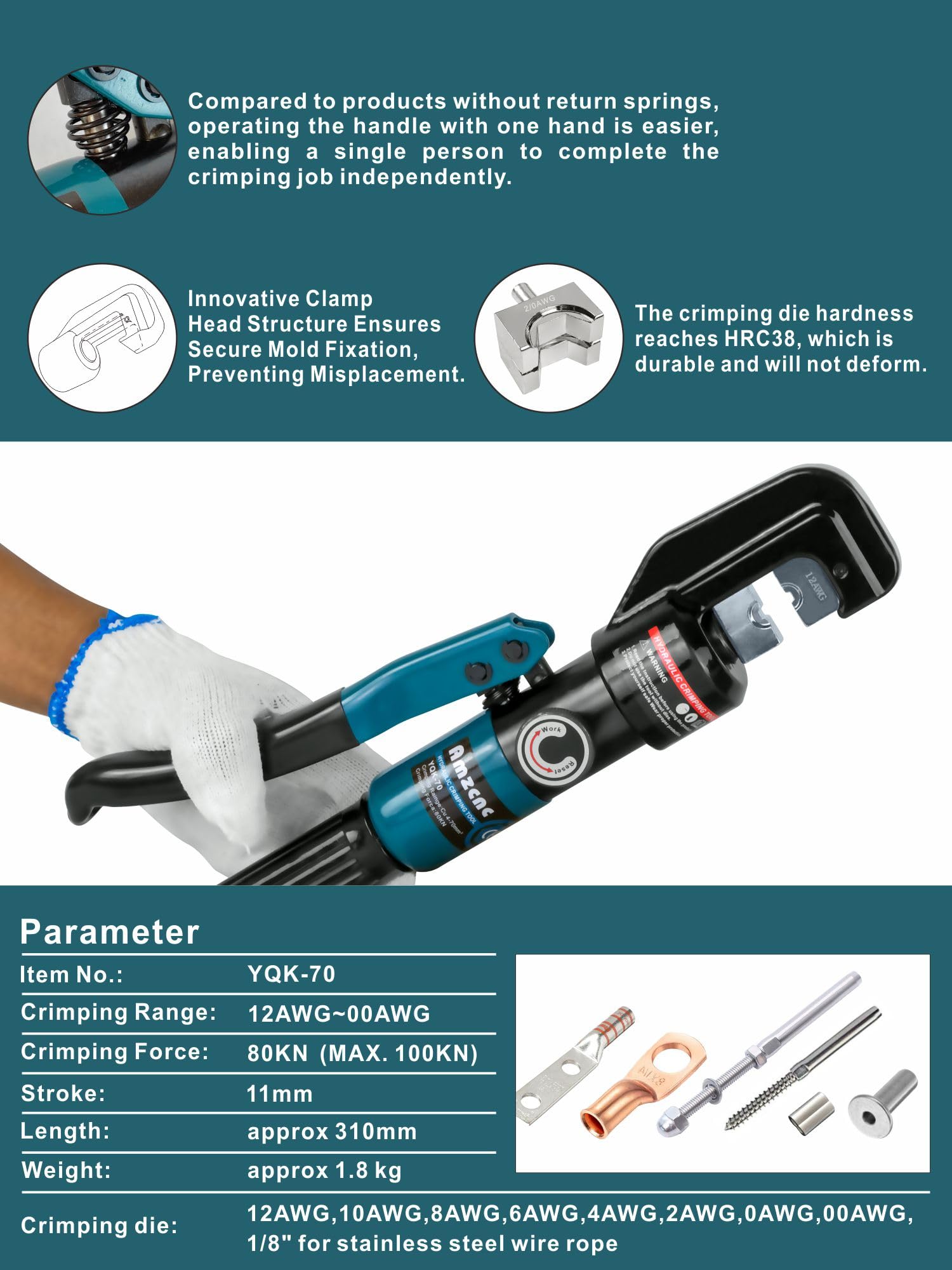 AMZCNC Hand Operated Hydraulic Crimping Tool Range 12 AWG-2/0 AWG for Cable Lugs Hydraulic Crimping Crimper Wire Terminal Lug Tool with 9 Pairs of Dies