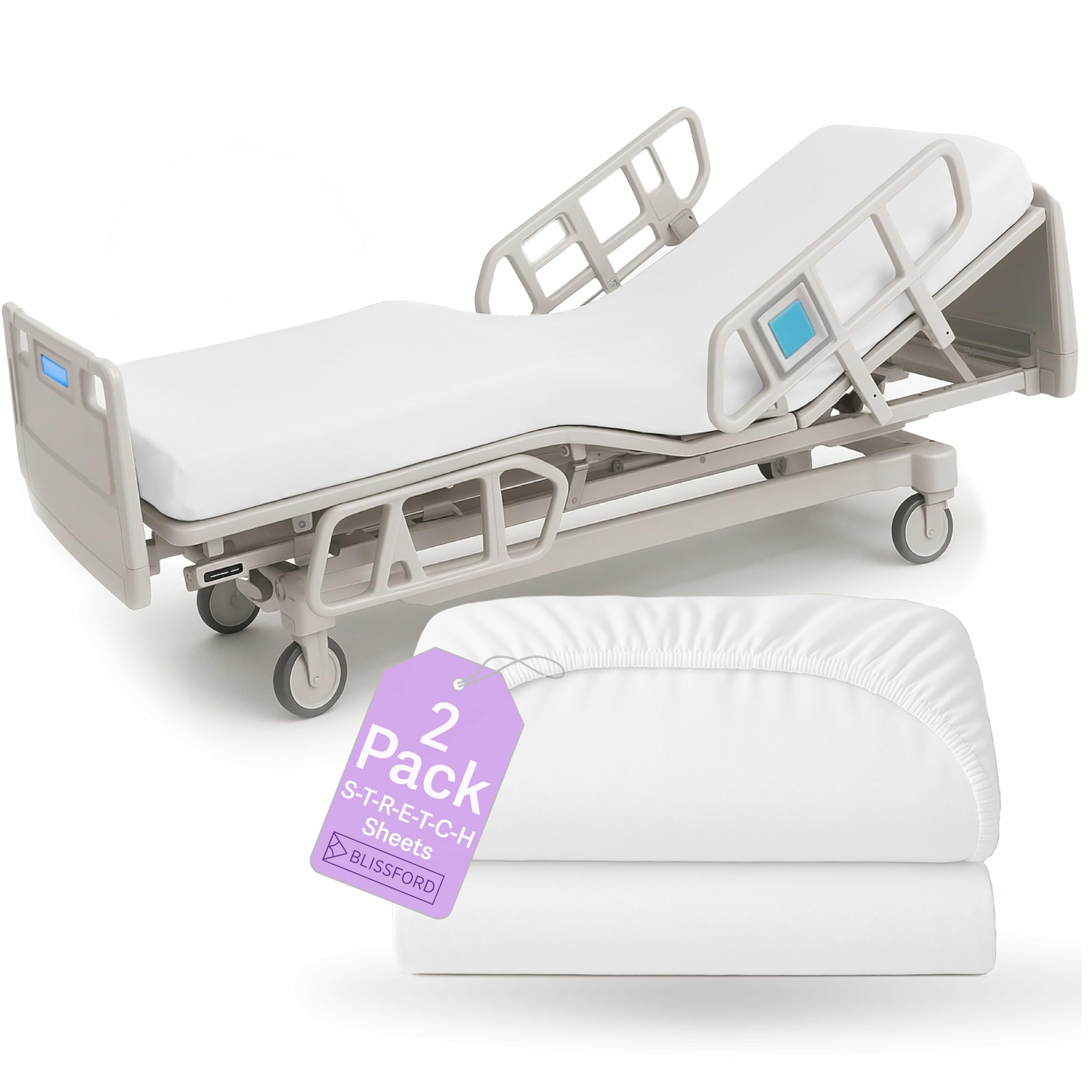 2 Pack Fitted Hospital Bed Sheets with Elastic All Around for a Perfect Fit - Cotton Rich Soft Knitted Jersey Sheet, 36” x 84” x 12”