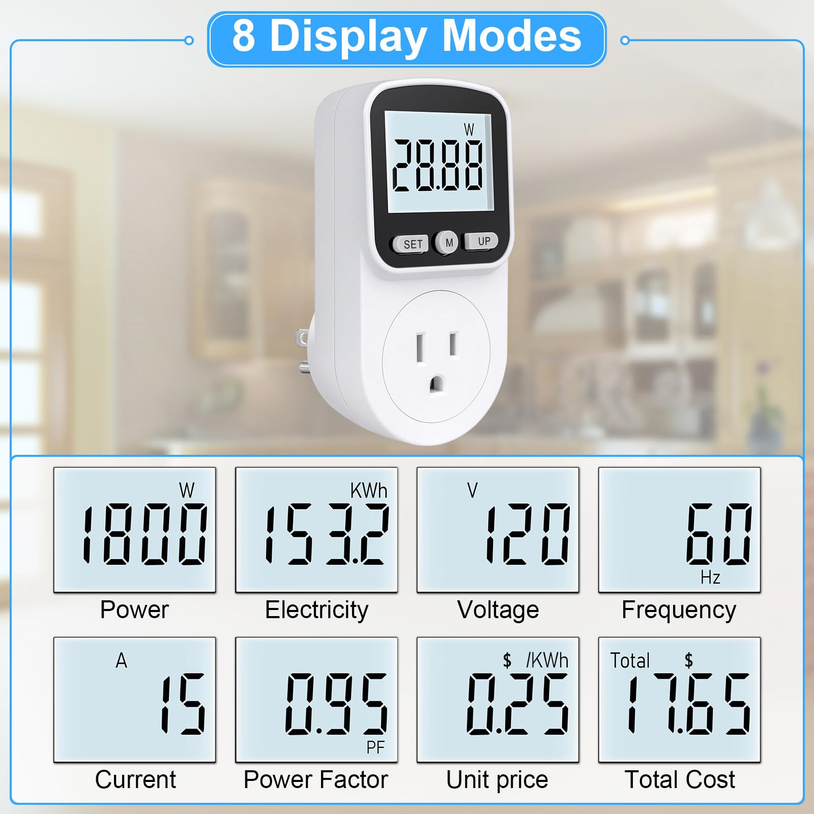 Upgraded Watt Meter Power Meter Plug Home Energy Monitor Electricity Usage Monitor, Electrical Usage Monitor, Energy Voltage Amps Meter Tester with Backlight, Overload Protection, 8 Display Modes