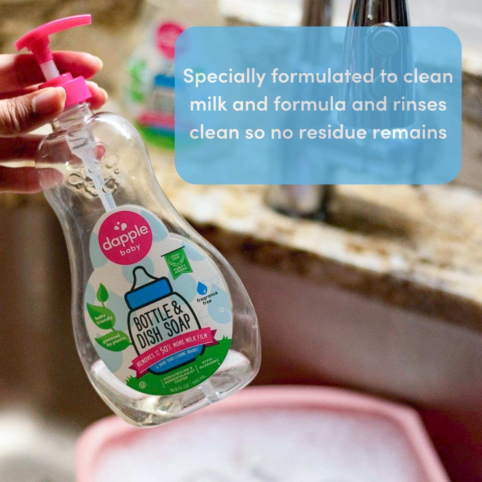 Dapple Baby Bottle Soap, Hypoallergenic Dish Soap for Baby Bottles, Powered by Plants, 1 Pump Included, Packaging May Vary, Fragrance Free, 16.9 Fl Oz (Pack of 3)