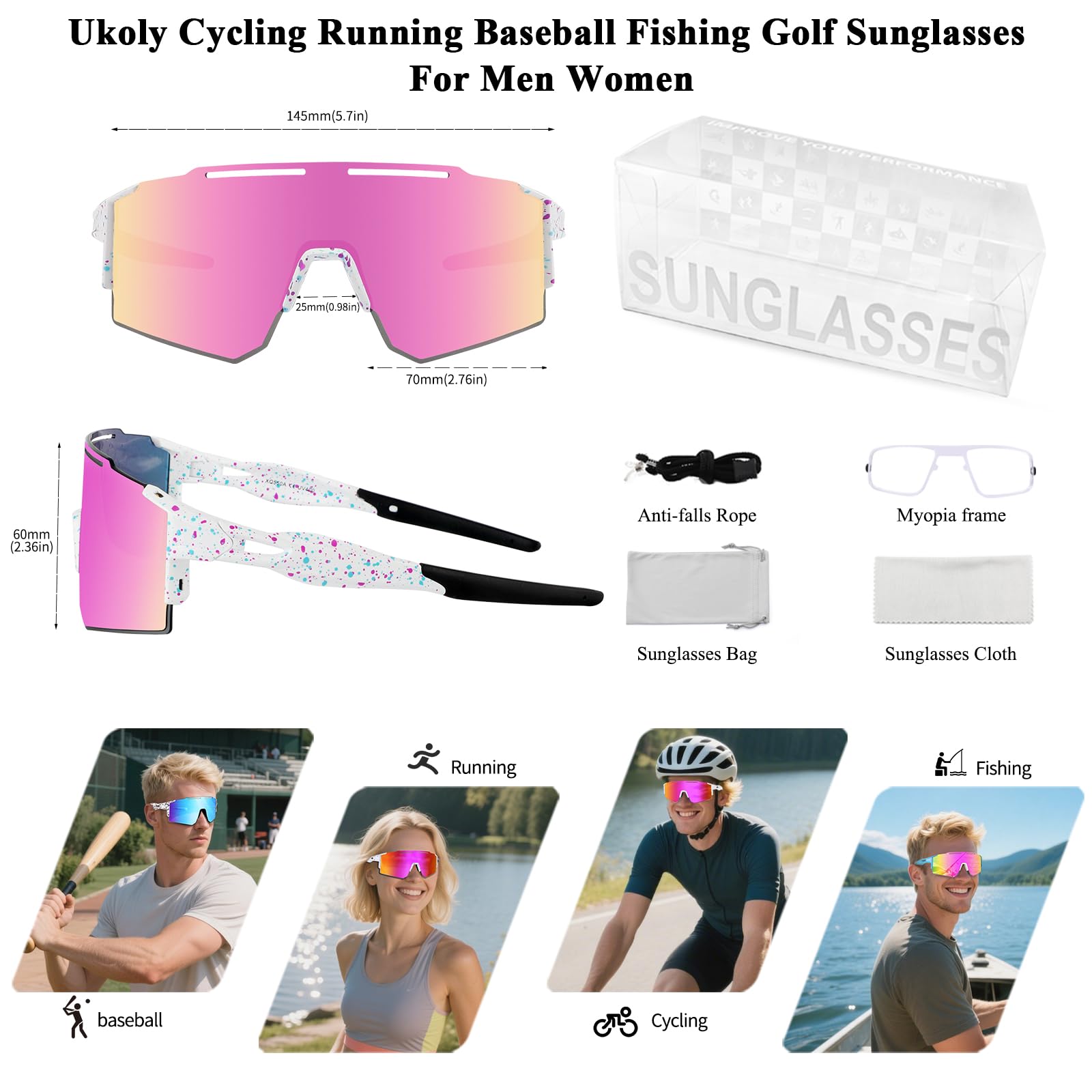 Ukoly Cycling Sunglasses with Interchangeable Nose Pad Men Women,Sports Sunglasses,Fishing Baseball Glasses