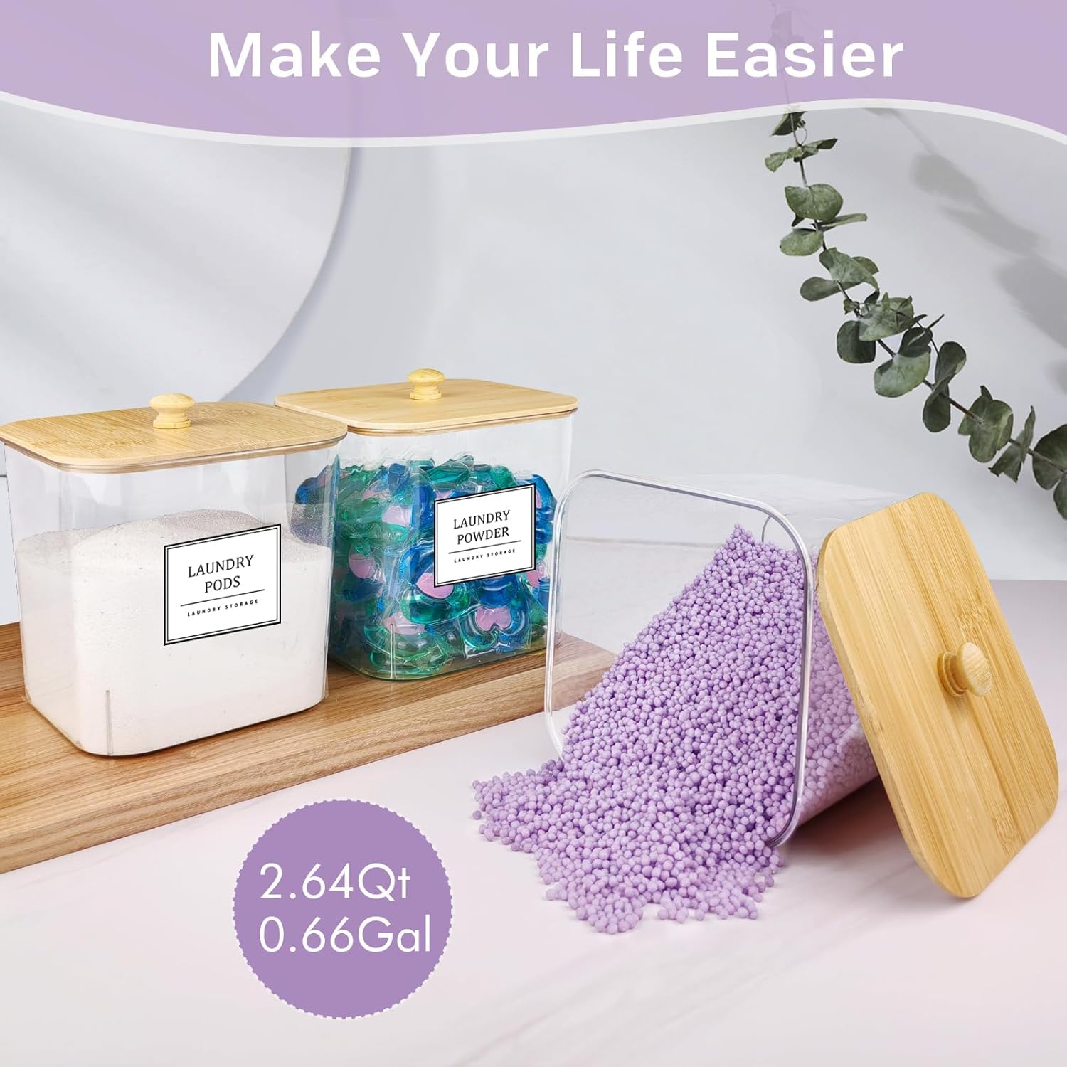 3+1 Pack Laundry Pods Container,Clear Laundry Room Organization Containers,Large Laundry Detergent Powder Storage Containers with Wooden Lids & Labels,Laundry Pods Holder for Scent Booster,Powder,Pods