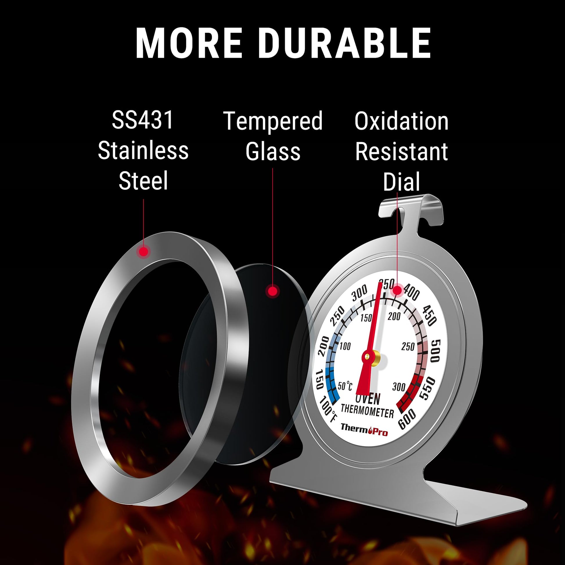 ThermoPro 2-Pack Oven Thermometer for Gas Oven, 50-300°C/100-600°F Smoker Temperature Gauge with 431 Stainless Steel, Analog Instant Read Cooking Thermometer