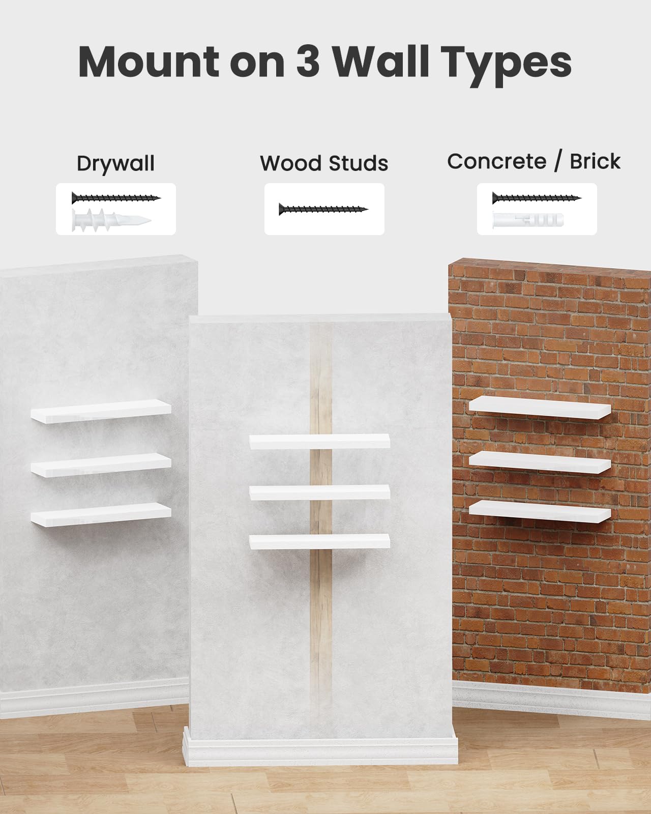 AMADA HOMEFURNISHING Floating Shelves, Wall Shelves for Bathroom/Living Room/Bedroom/Kitchen Decor, White Shelves with Invisible Brackets Set of 3 - AMFS08