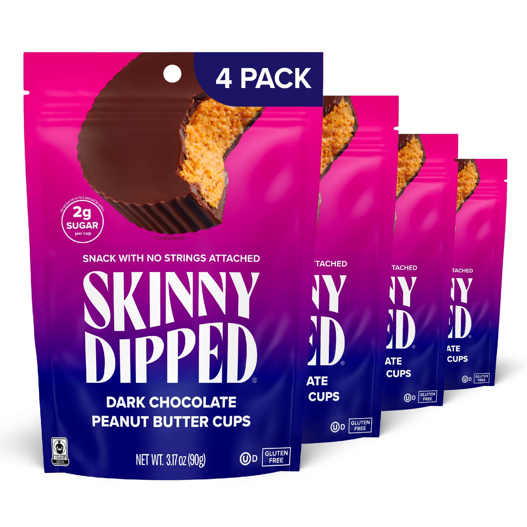أكواب زبدة الفول السوداني بالشوكولاتة الداكنة من SkinnyDipped، 2 جرام سكر لكل كوب، مناسبة للكيتو، منخفضة الكربوهيدرات، خالية من الغلوتين، 3.2 أونصة، عبوة من 4 (24 كوبًا إجمالاً)