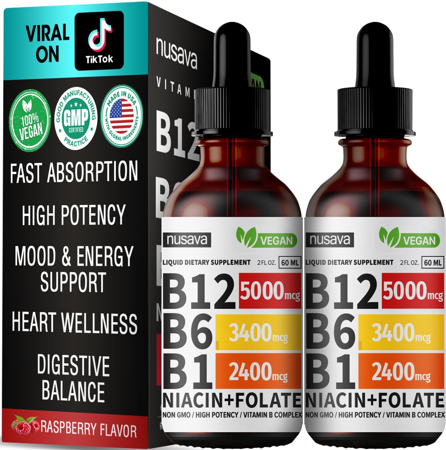 (2 Pack) Vitamin B12 Liquid Drops, B12 Sublingual 5000 mcg, Vitamin B Complex with Vitamin B6, Liquid B12 Methylcobalamin Supports Energy, Brain & Heart with 27,200 mcg Per Serving, (80 Servings)