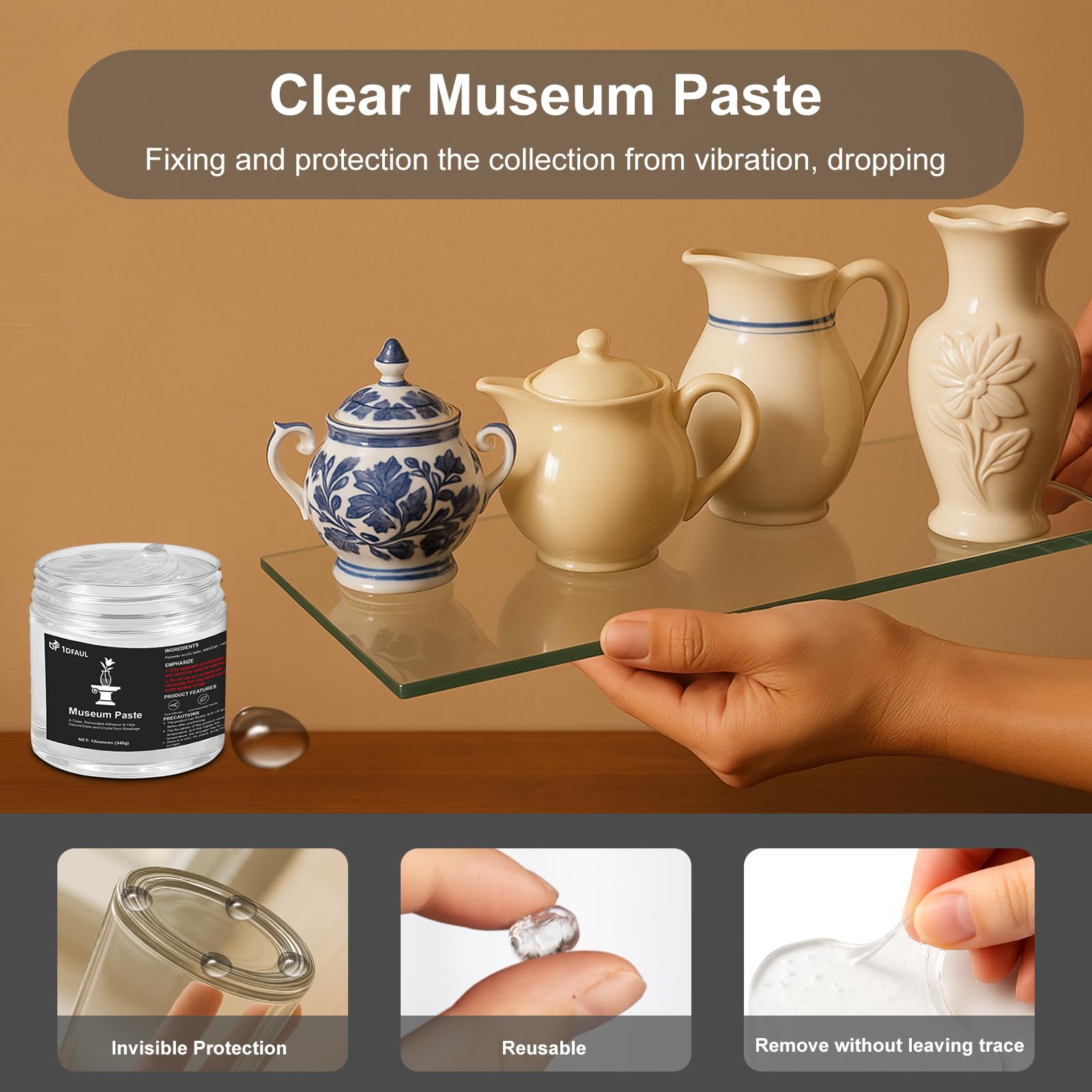 1DFAUL 12 oz Exhibits Gel for Museum, Removable Clear Museum Paste Putty Wax, Reusable & No Residue, Fixed Collection Artifacts and Decorations to Prevent Vibration, Falling