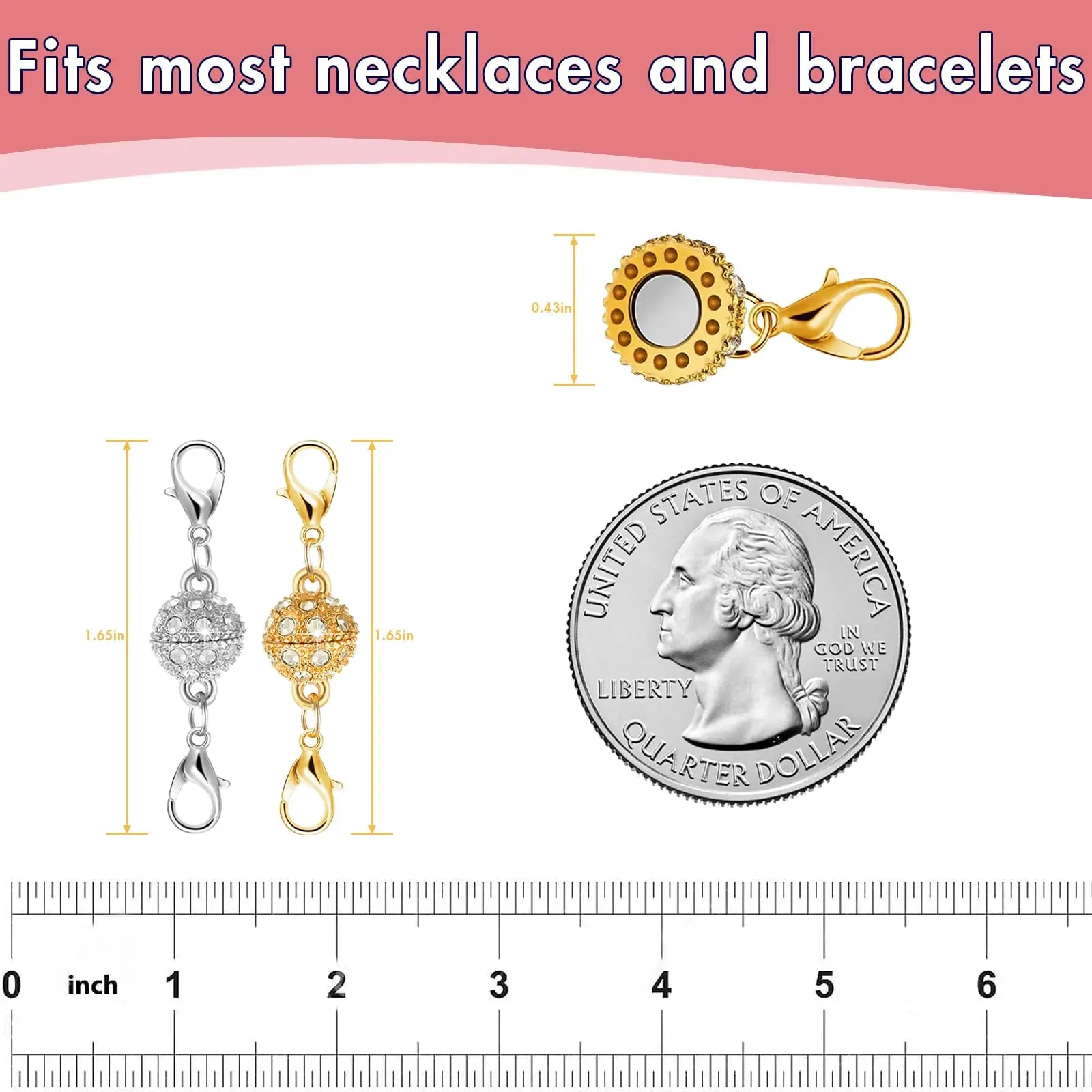 Magnetic Necklace Clasps and Closures with Lobster Clasp, 14K Gold & Silver Magnetic Jewelry Extender for Necklaces & Bracelets, Easy-to-Use for Jewelry Closures (12Pcs | Ball)