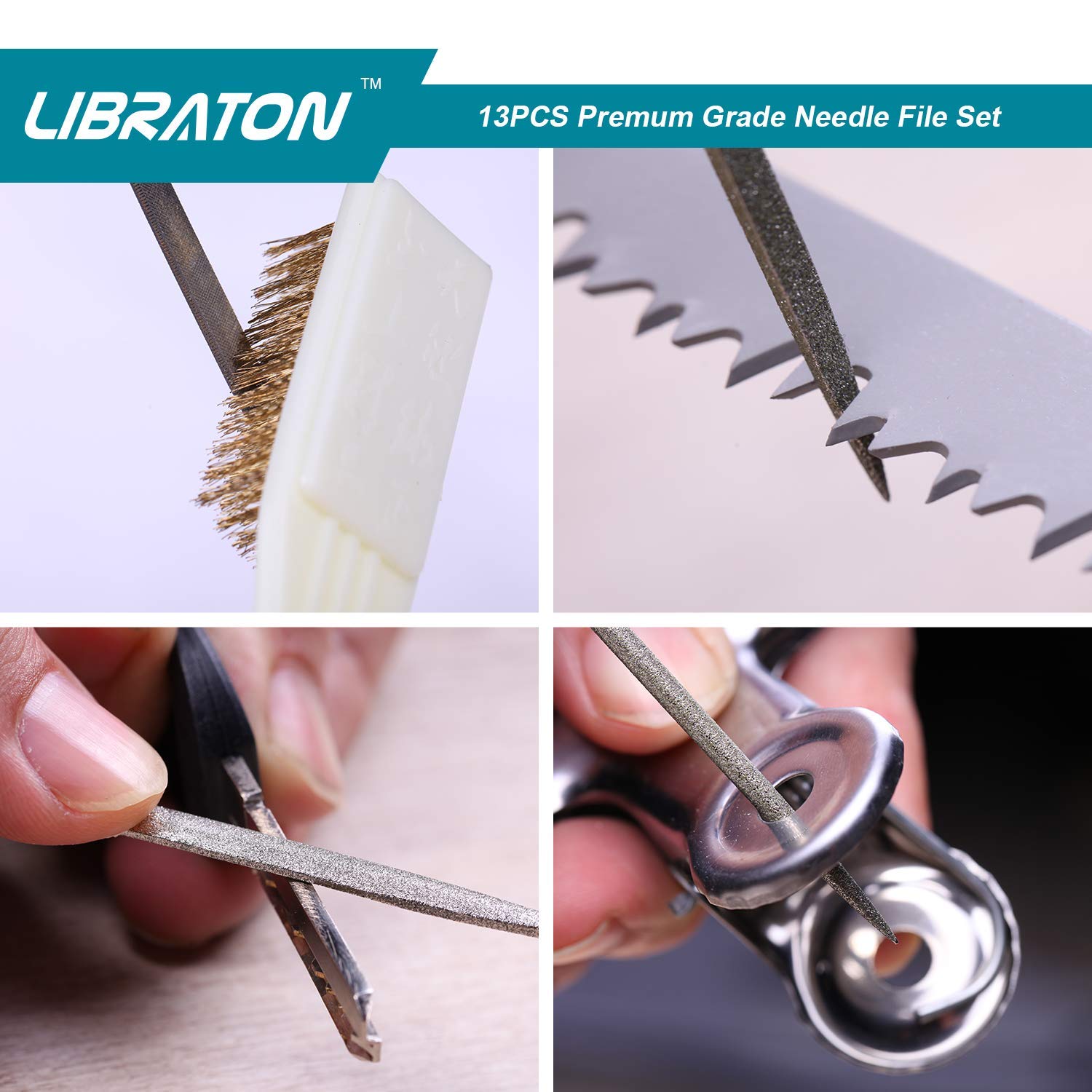 LIBRATON Small File Set, Needle Diamond Files 13PCS, 6pcs Jewlers & 6 Steel for Precision Metal Work, Wood, Woodworking, Plastic Carving Tool with Brush and Carry Case