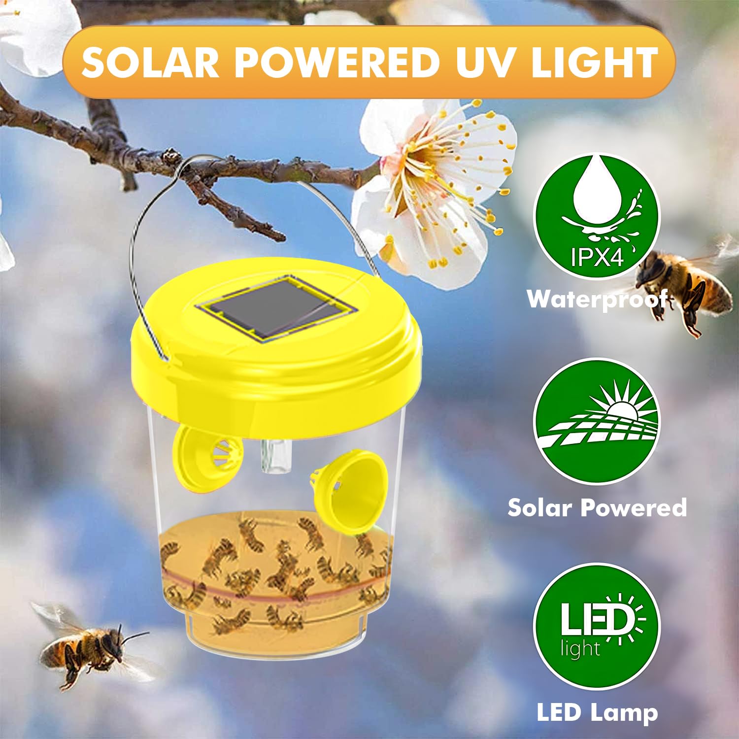 Wasp Traps for Hunting Wasps, Bees, Hornets, Insects, Yellow Jacket Traps, Wasp Trap Catcher, Reusable Solar Powered Hanging for Outdoor, 4 Packs