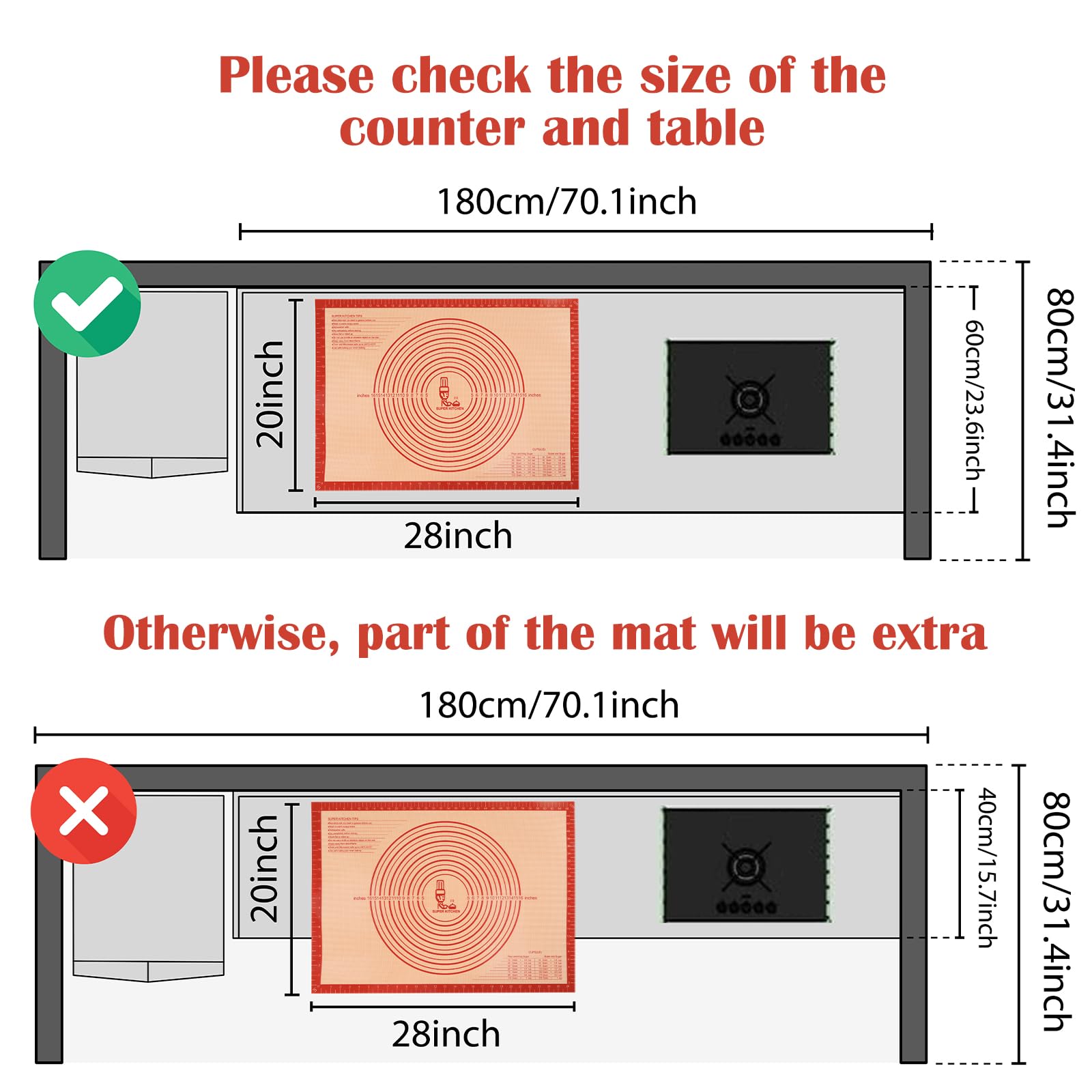Non-slip Silicone Pastry Mat Extra Large with Measurements 28''By 20'' for Silicone Baking Mat, Counter, Dough Rolling, Oven Liner,Fondant/Pie Crust By Folksy Super Kitchen Red