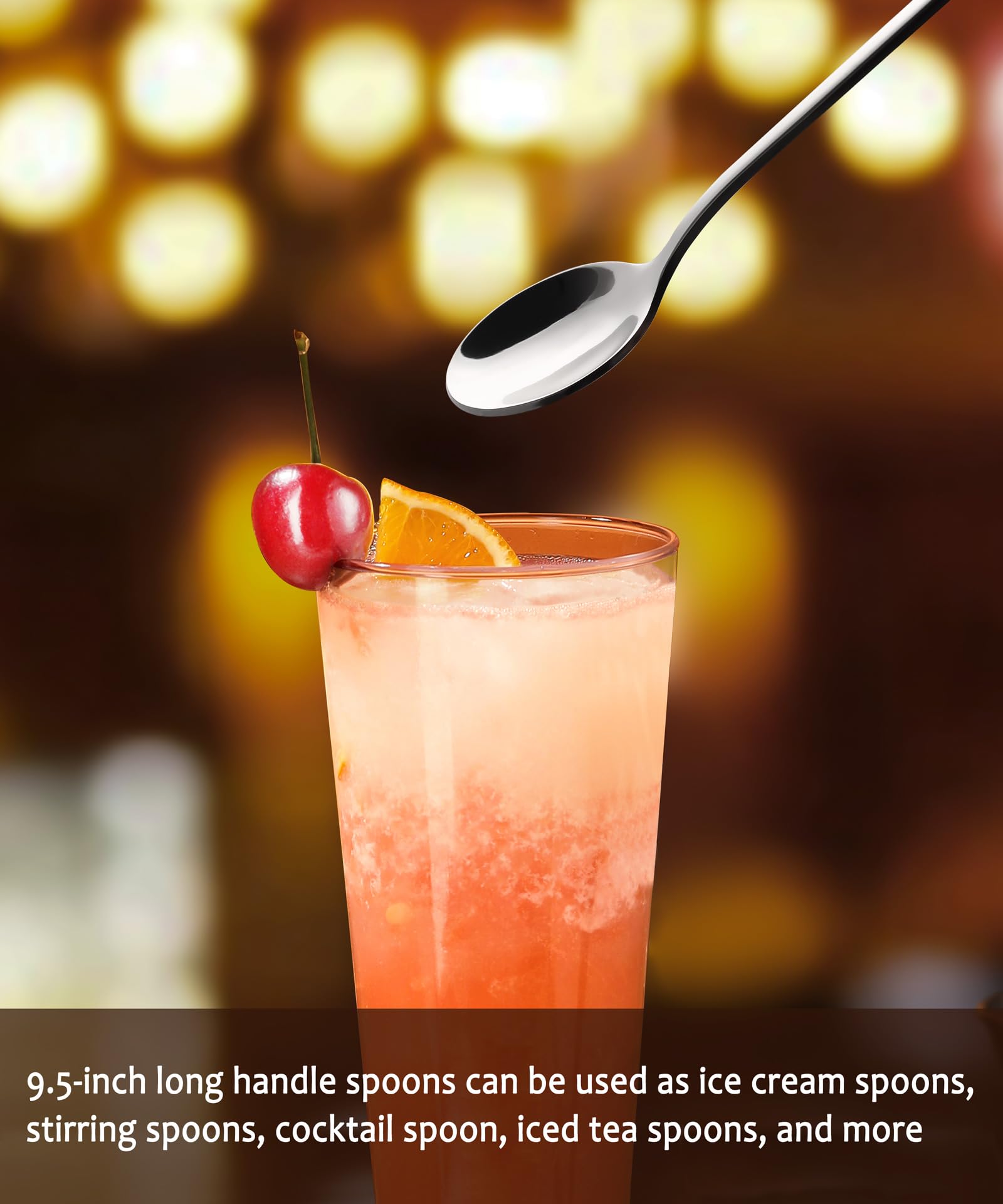 Lovingly Yours 9.5-Inch Long Spoon for Stirring, Ice Cream, Coffee, Cocktail, Stainless Steel Long Handle Iced Tea Spoons Set of 4